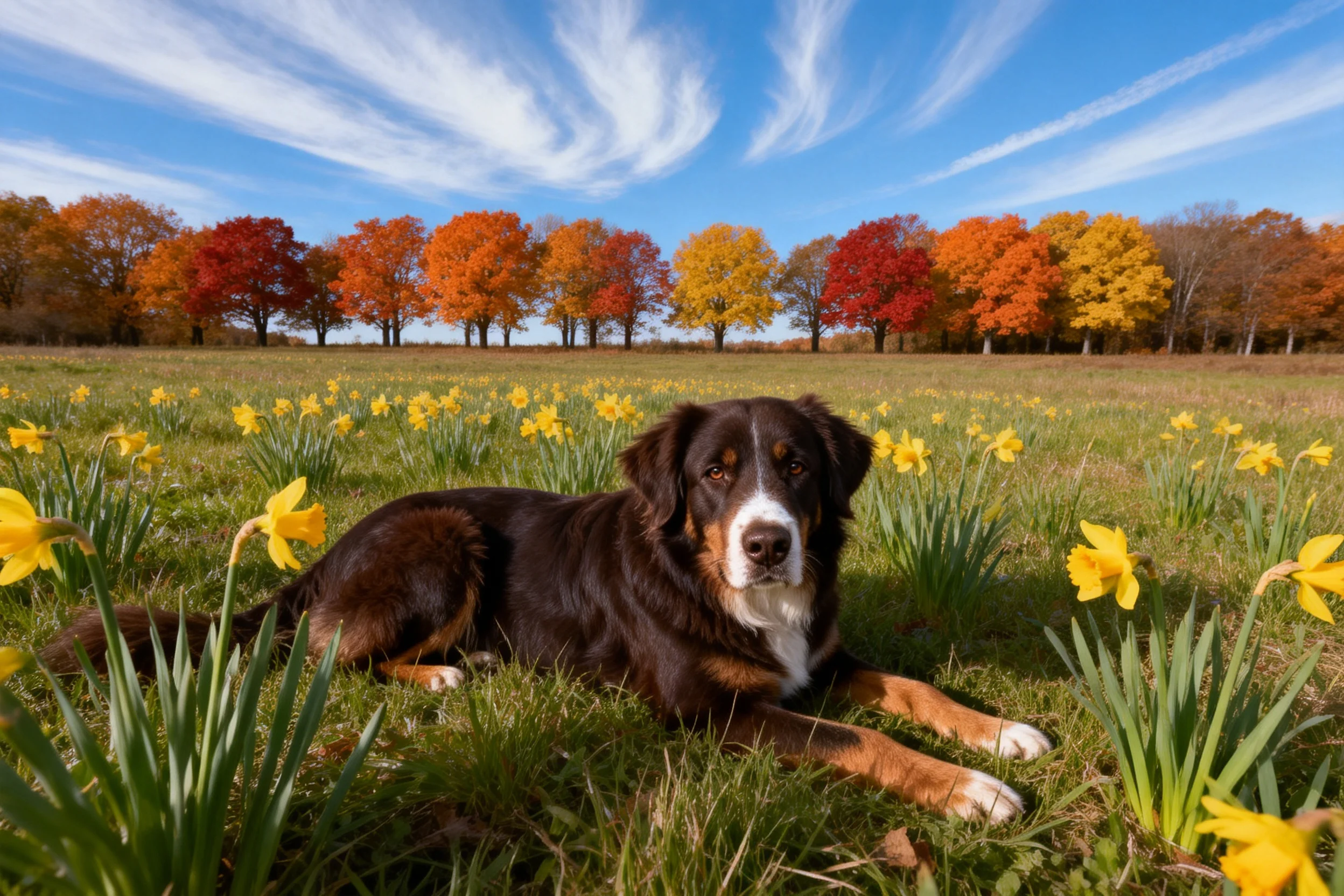 一只伯恩山犬,有着黑棕白相间的毛发,正安静地趴在开满黄色花朵的草地上。