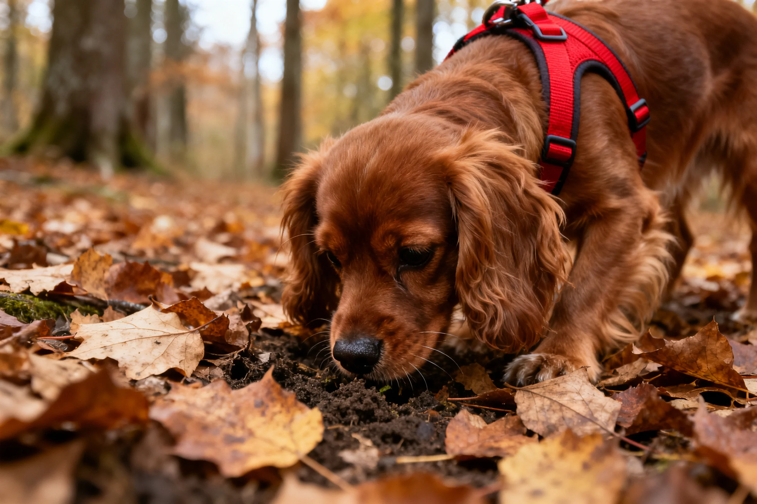 一只红棕色可卡犬低头在满是落叶的地面嗅探,鼻尖靠近泥土表面。