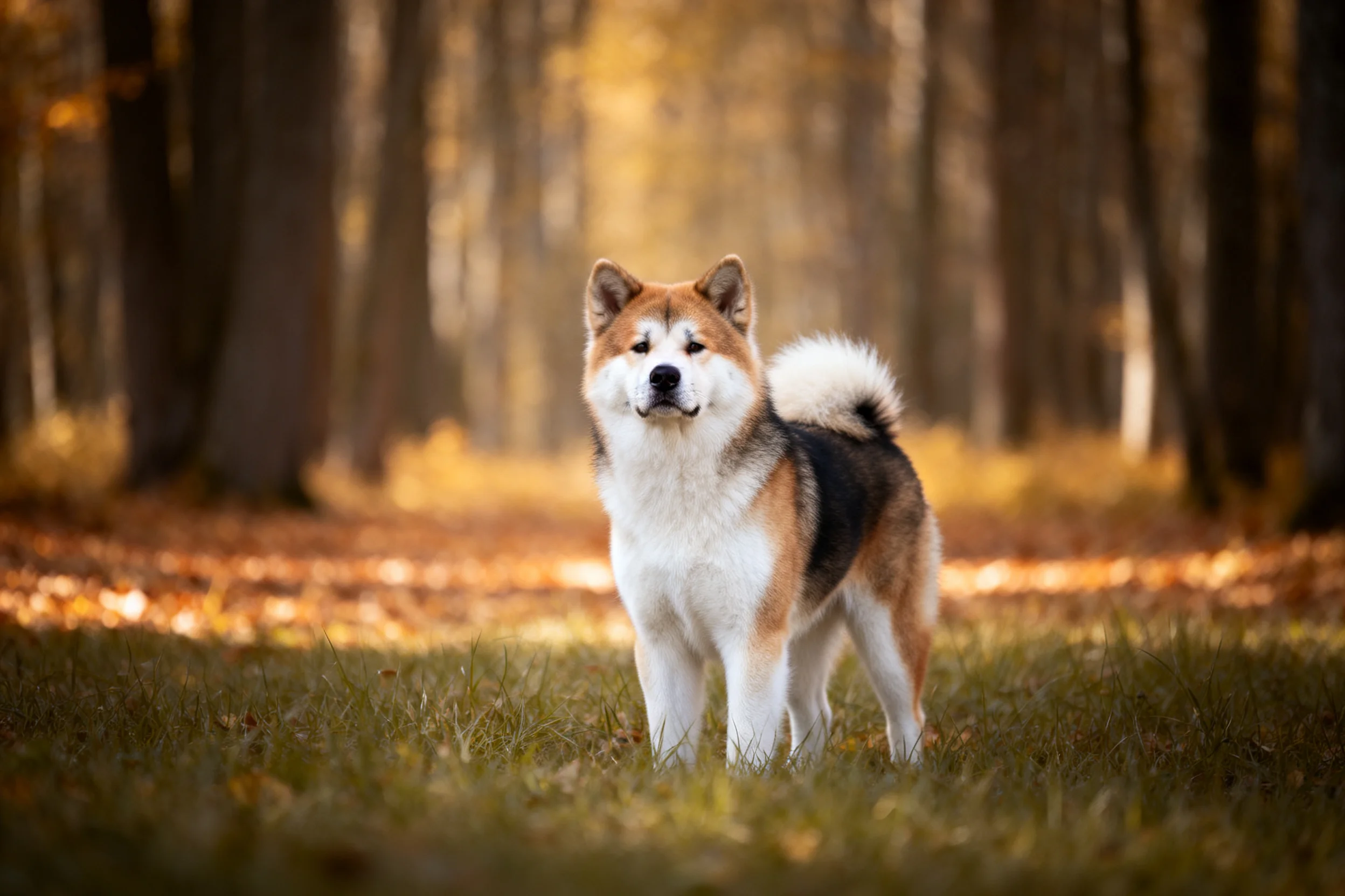 一只阿伊努犬站在森林草地上,有着白棕黑相间的毛发,目光注视前方。