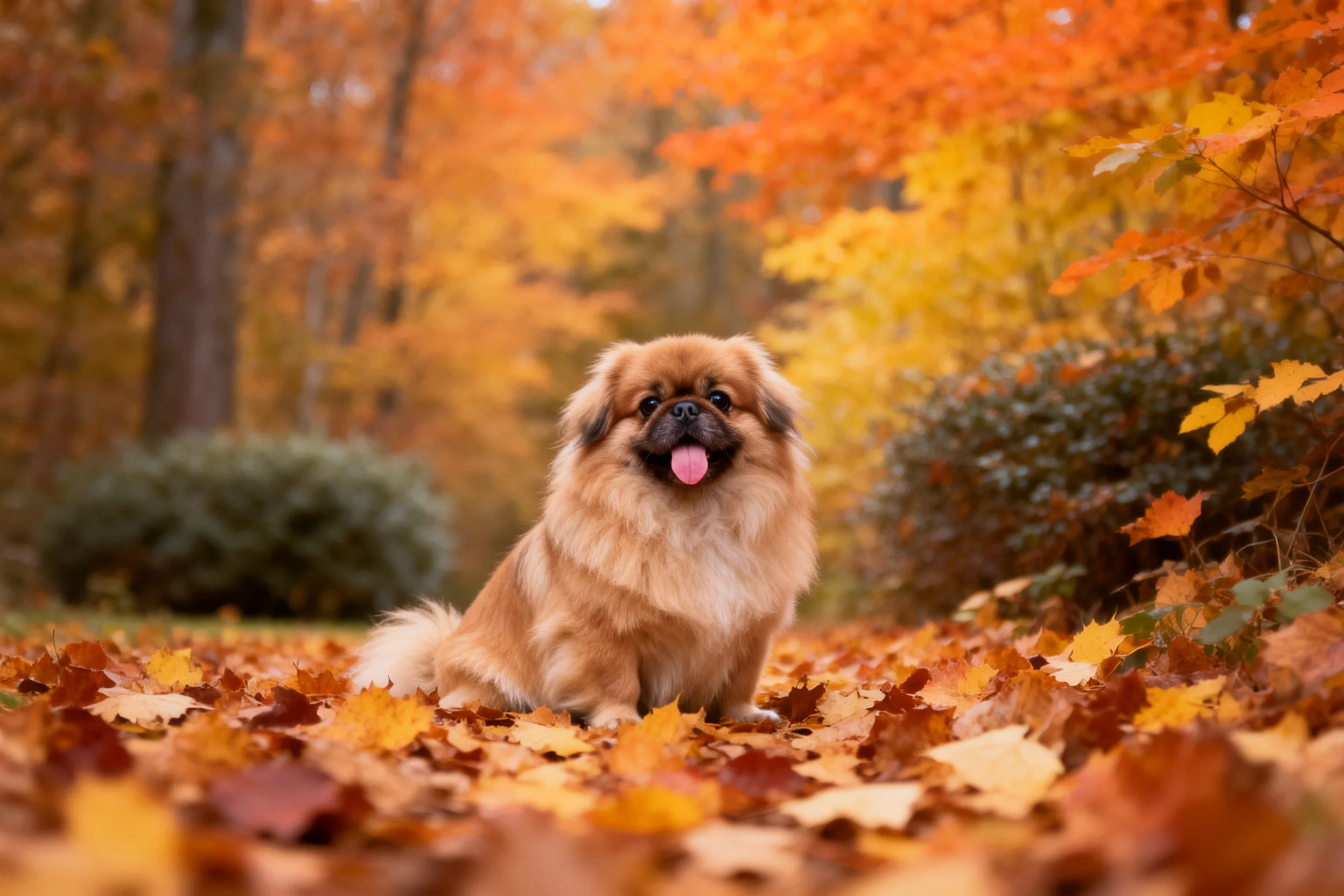北京犬吐着粉色舌头坐在满是彩色落叶的林间小径上，毛发蓬松柔软。