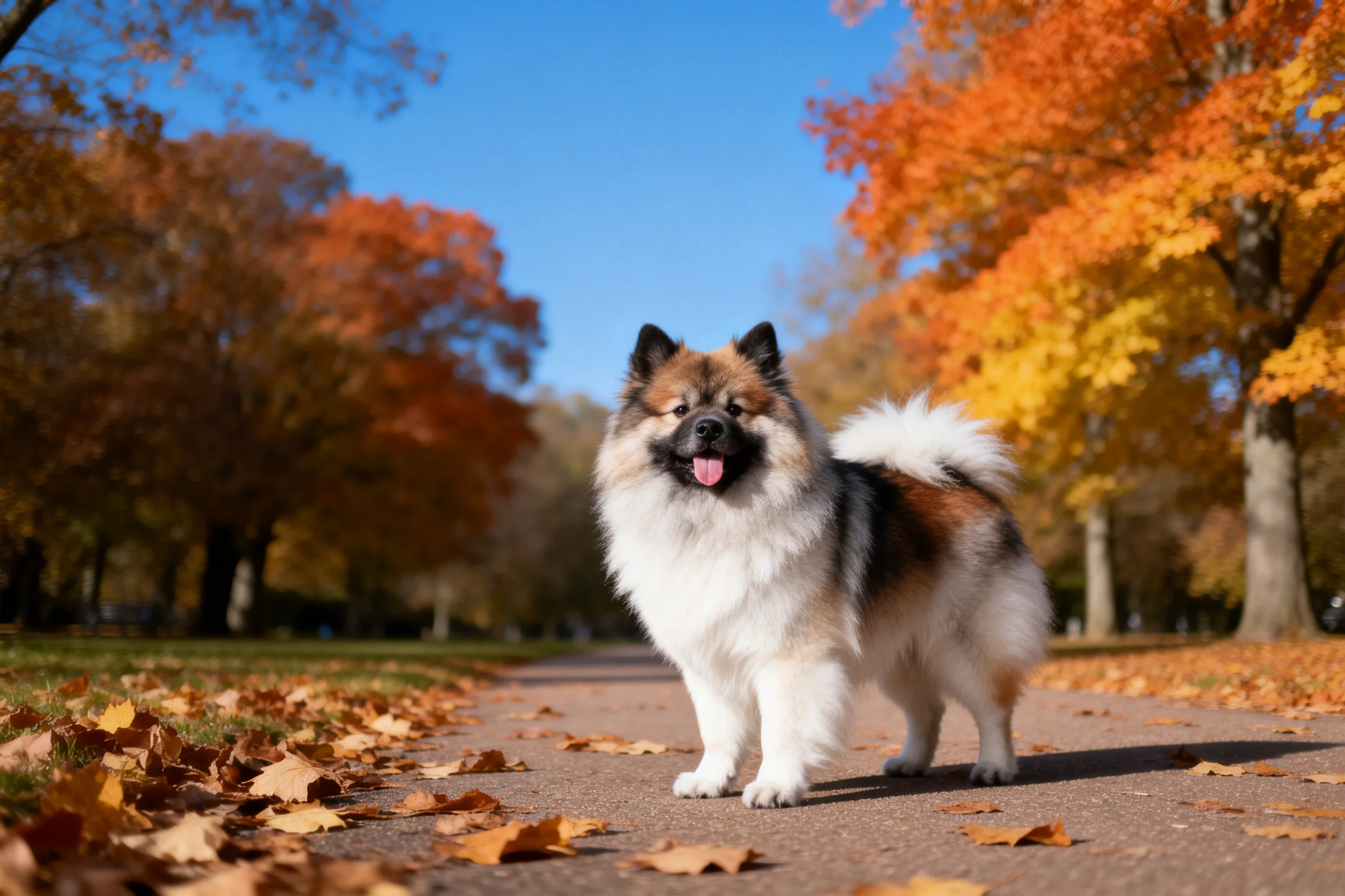 图中是一只荷兰狮犬,它有着黑白棕相间的毛发,正外露站在步道上。