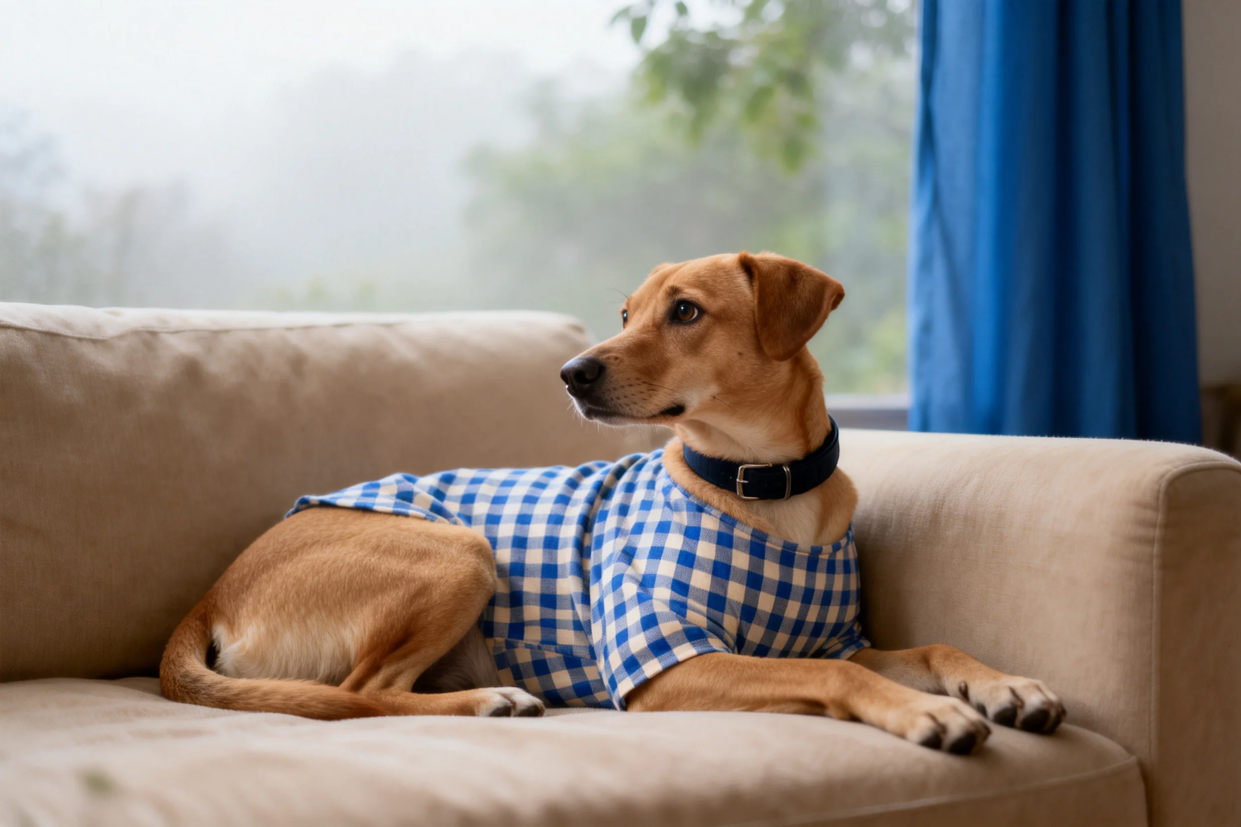 一只短毛混种犬趴在沙发上,身穿蓝白格纹衣物,目光注视前方。