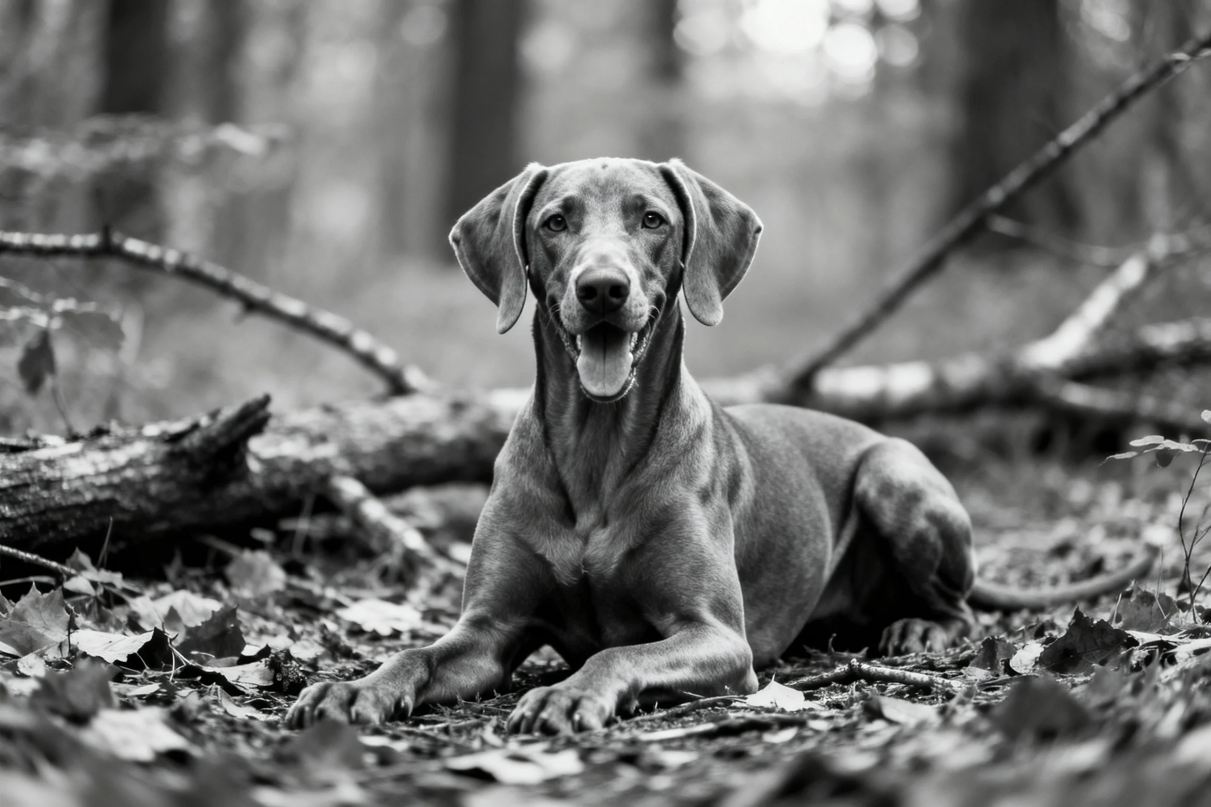 一只威玛猎犬趴在满是落叶的林间地面,嘴巴微张露出舌头,周围是茂密树木和枯枝。