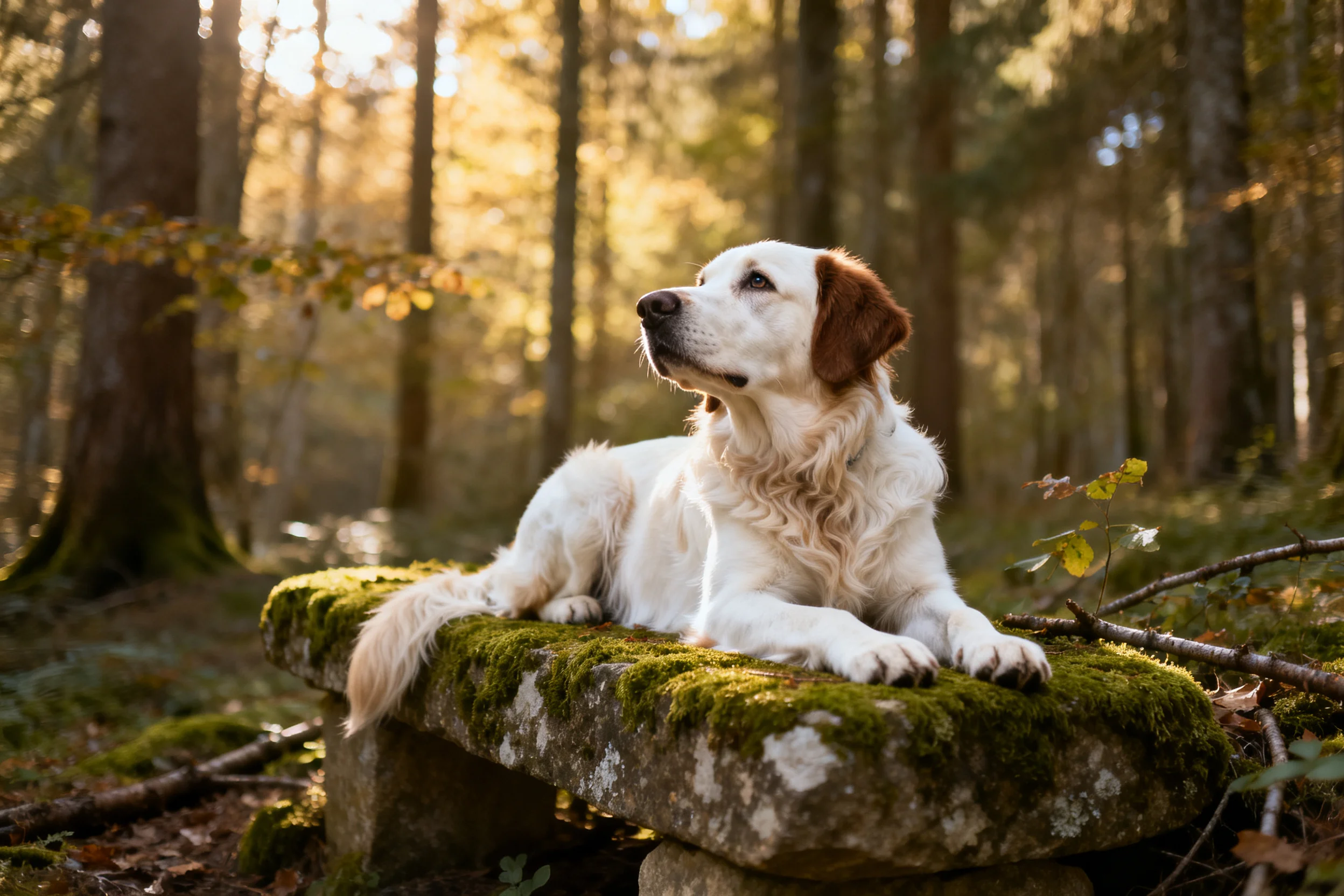 金毛寻回犬趴在苔藓覆盖的石凳上,白色毛发柔软蓬松,耳朵带有棕色斑纹,目光看向远方。