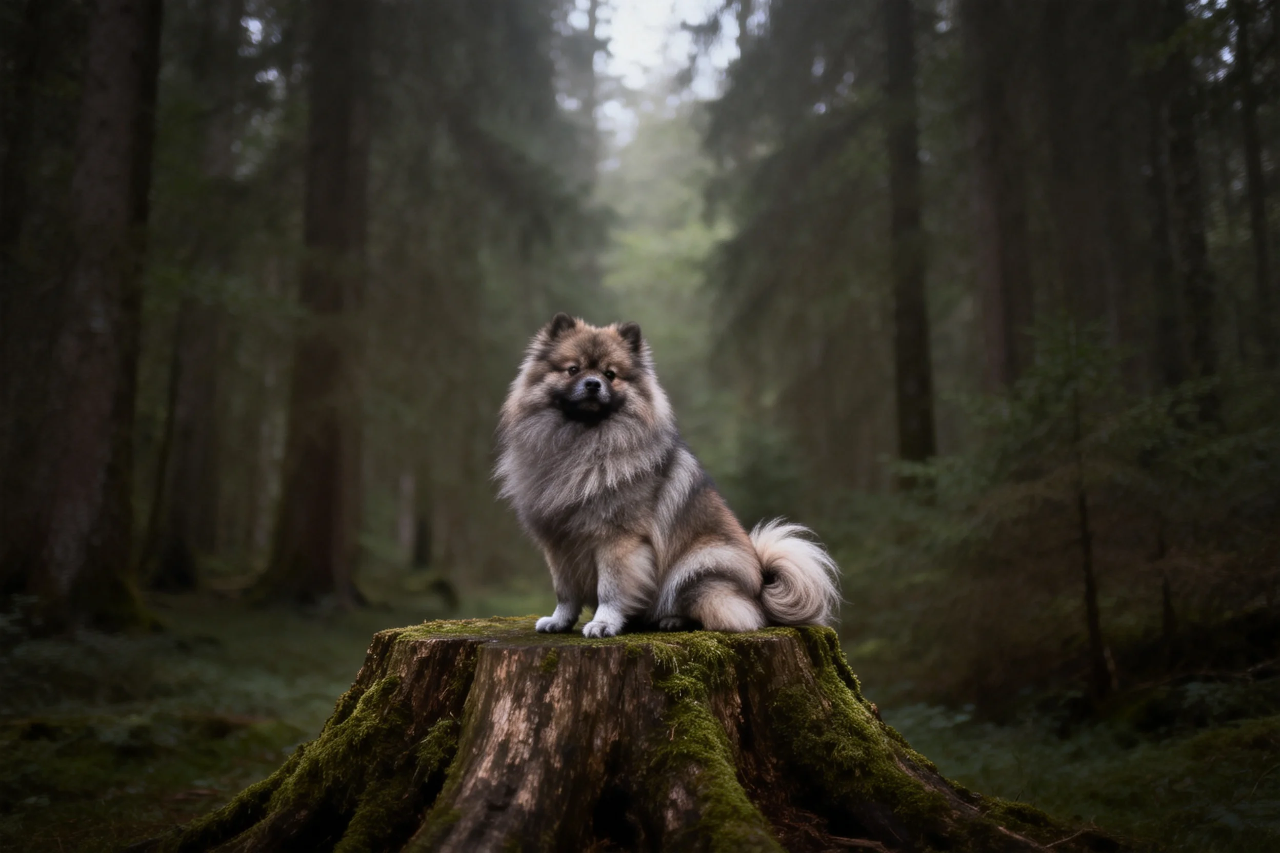 凯斯霍恩犬安静地坐在覆盖青苔的老树桩上,毛发蓬松且带有灰白相间的色彩。