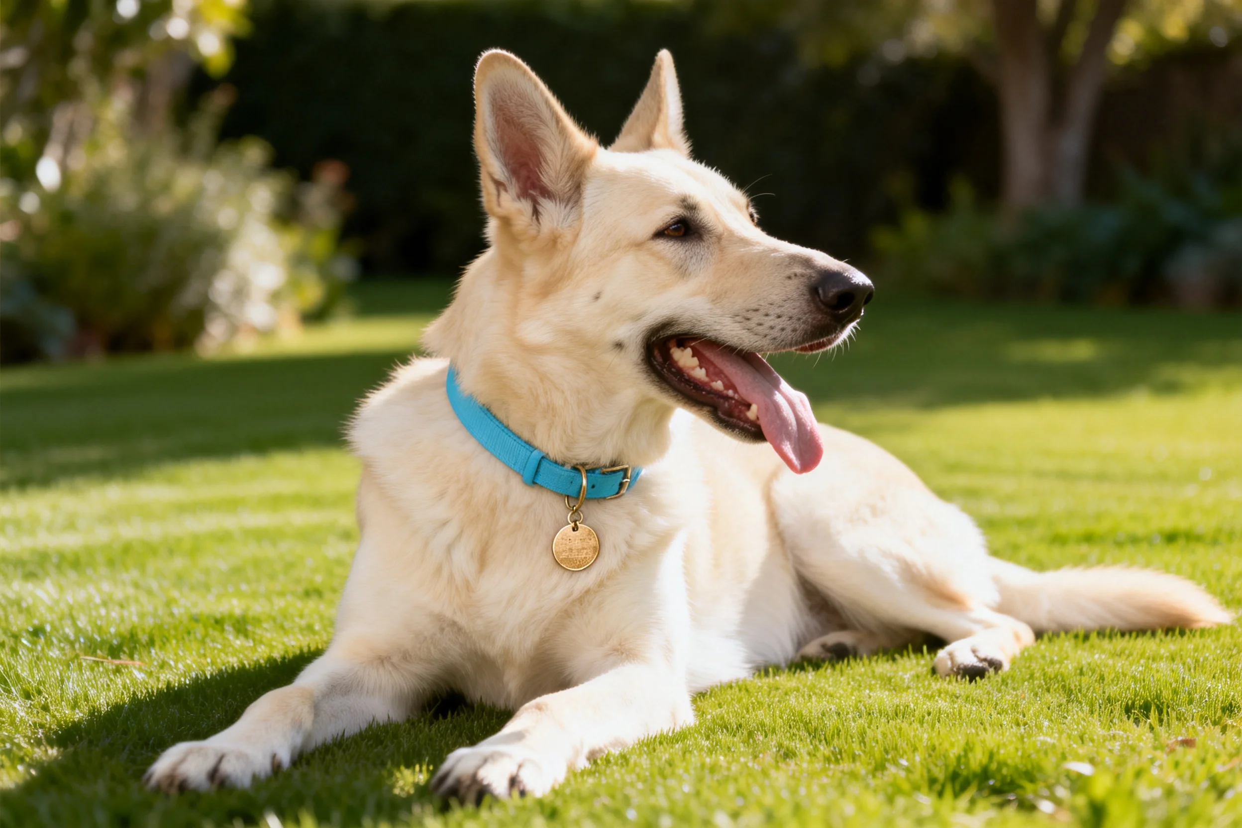 德国牧羊犬躺着，嘴巴张开，露出的粉红色舌头清晰可见，佩戴着亮蓝色项圈。