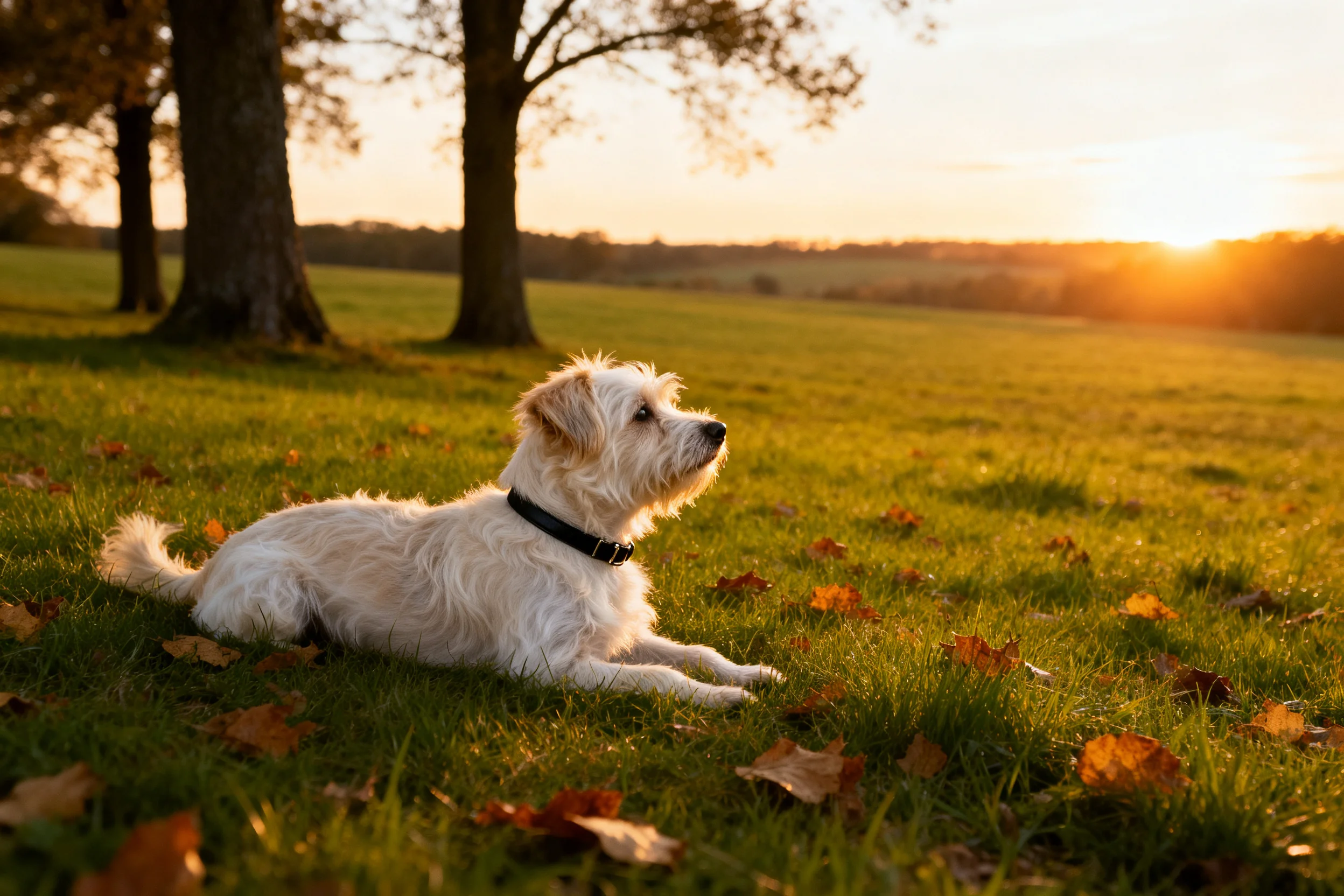 西高地白梗犬安静趴卧,白色蓬松毛发在夕阳下显得柔软洁白,周围散落着秋日枯叶。