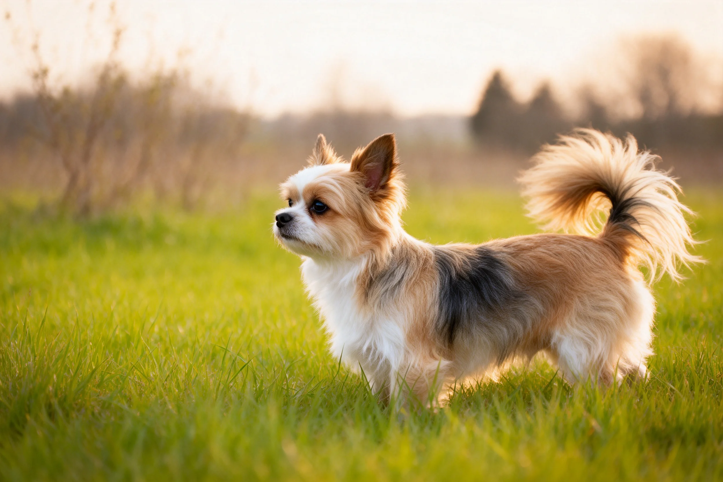 一只小型混种犬站在草地上,尾巴高高卷曲,毛发蓬松柔软。