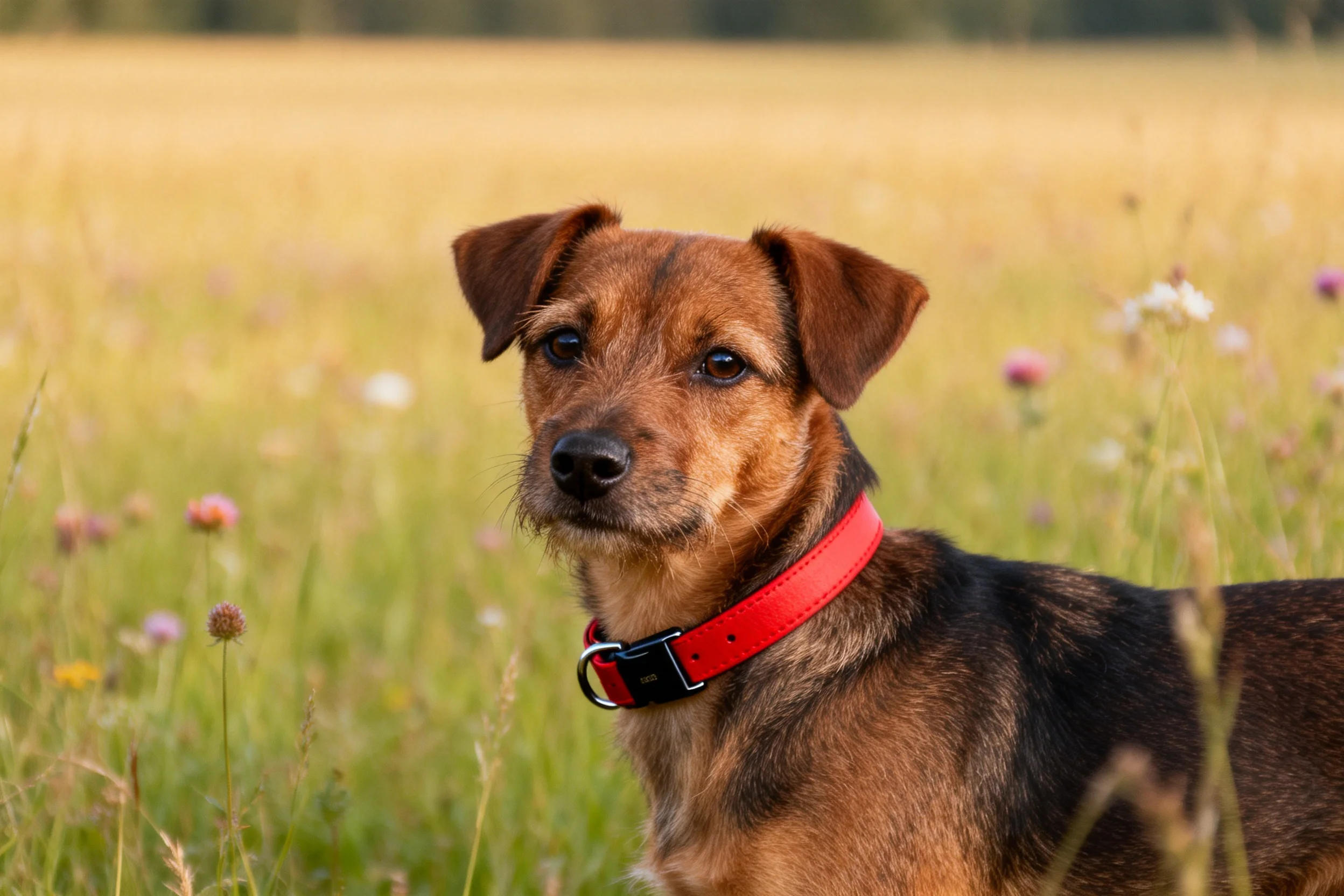 一只棕褐短毛混种犬戴着红色项圈站在野花点缀的草地上，目光注视着镜头方向。