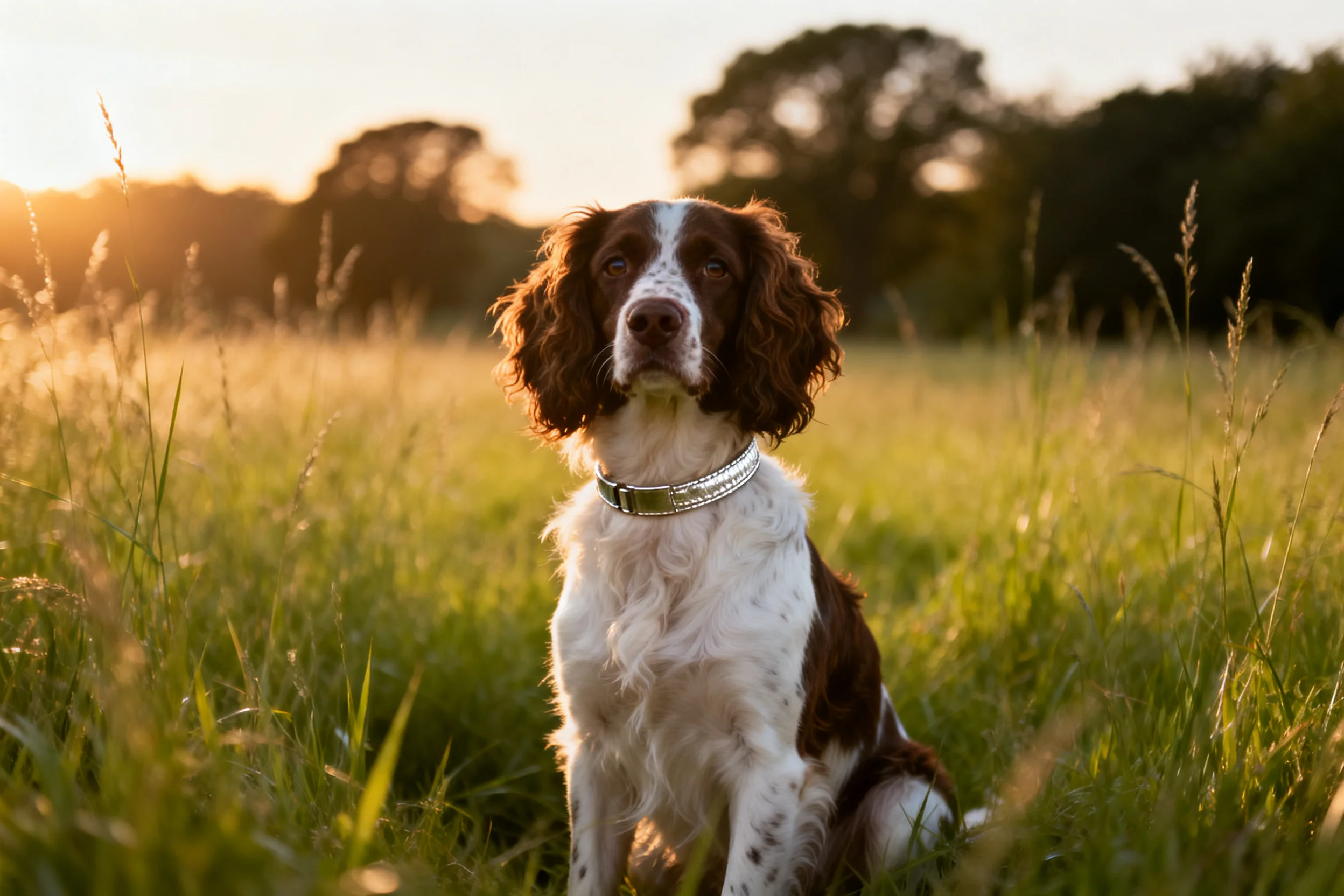 一只英系史宾格犬安静地坐在阳光充足的草原上,棕白相间的被毛清晰可见。
