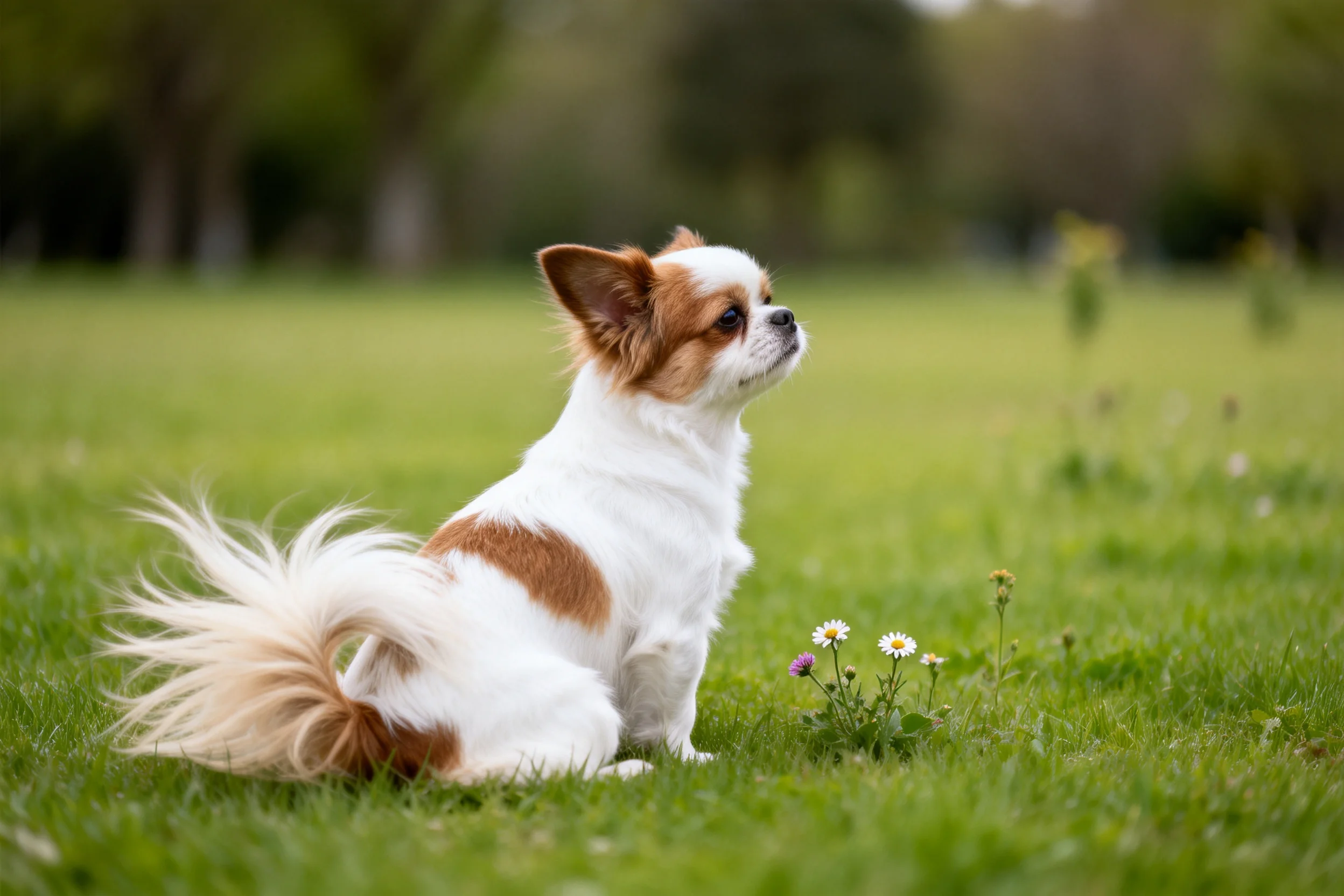 吉娃娃犬安静地坐在草地上，白色与棕色毛发清晰可见，耳朵竖立观察四周。