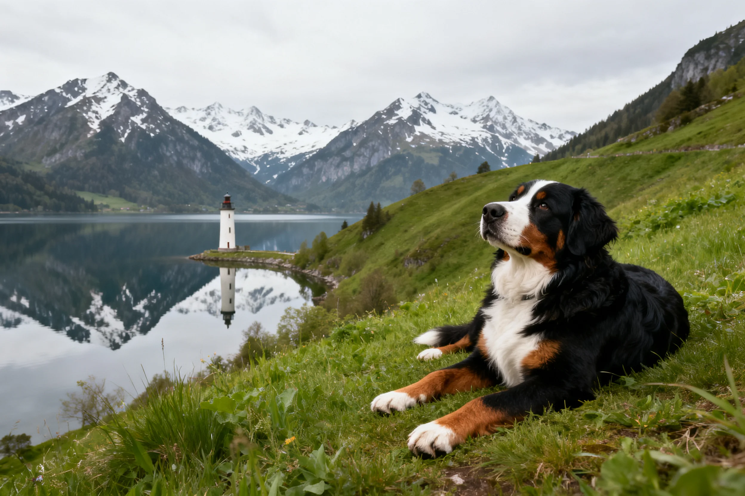 伯恩山犬安静躺卧,黑白棕三色毛发蓬松,位于湖边草地区域。