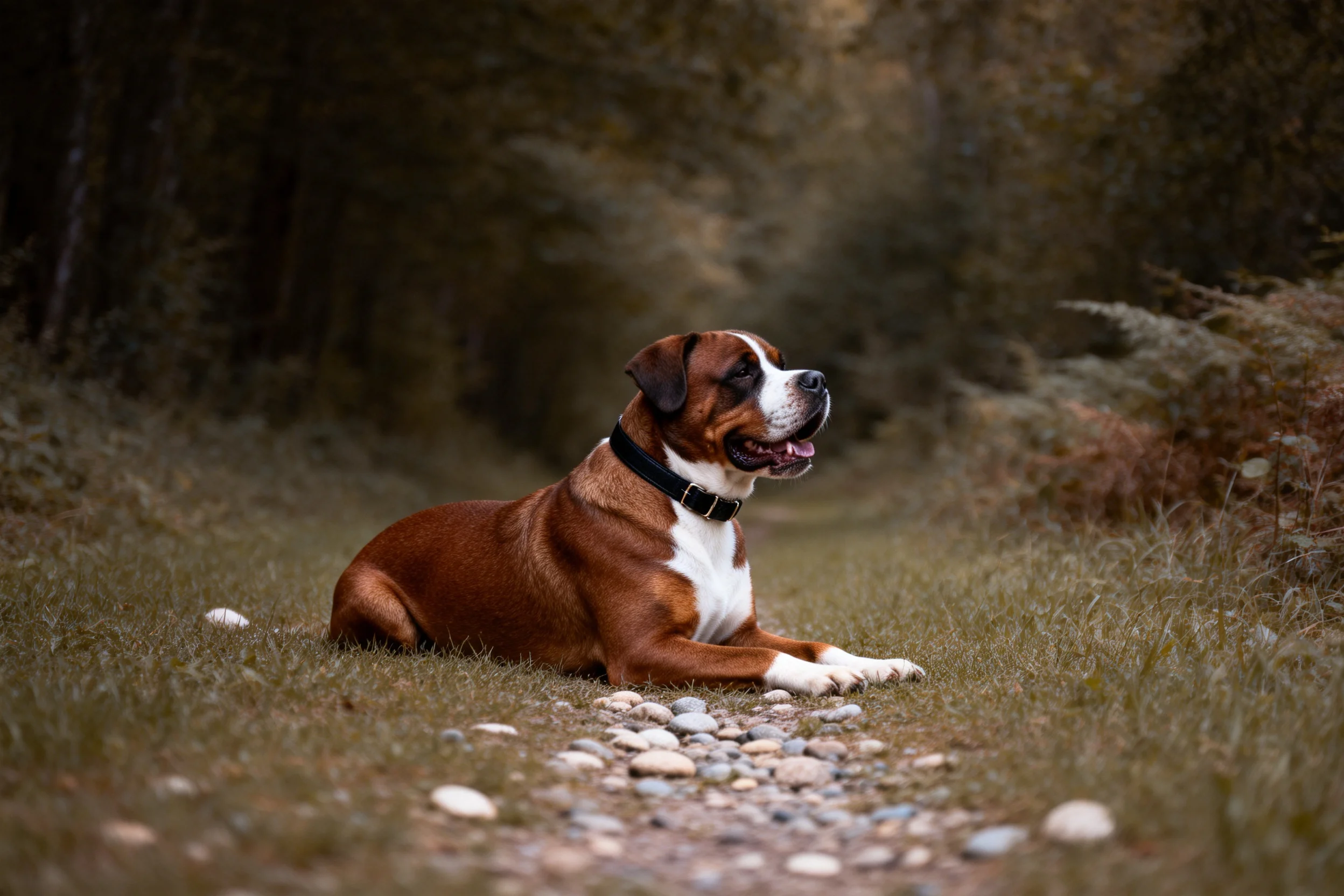 一只拳师犬安静地躺着,红褐色带白色斑纹的被毛,嘴巴张开露出舌头。