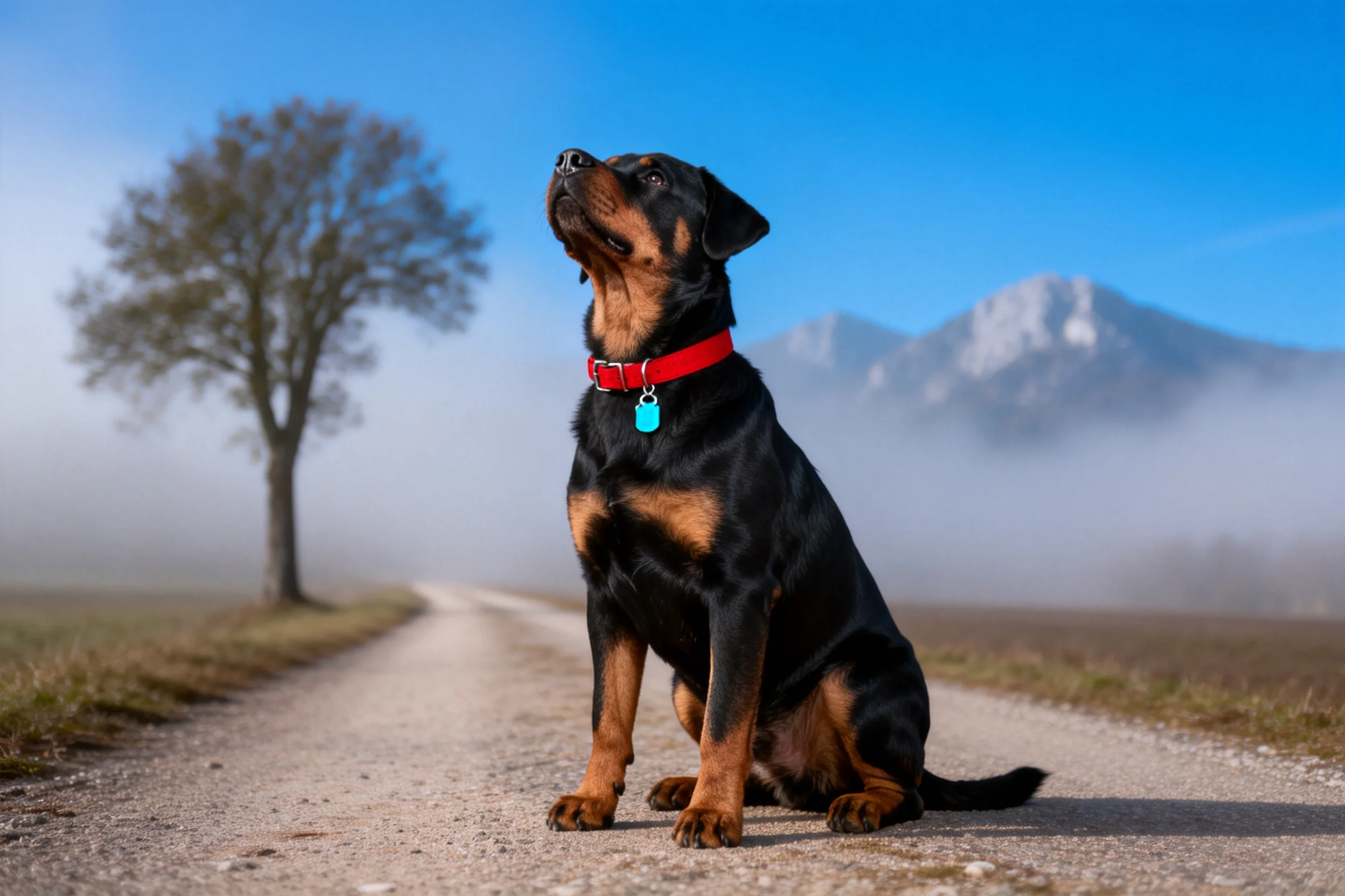 罗威纳犬抬头仰望的姿态,黑色的被毛带有棕色斑块,红色项圈清晰可见。