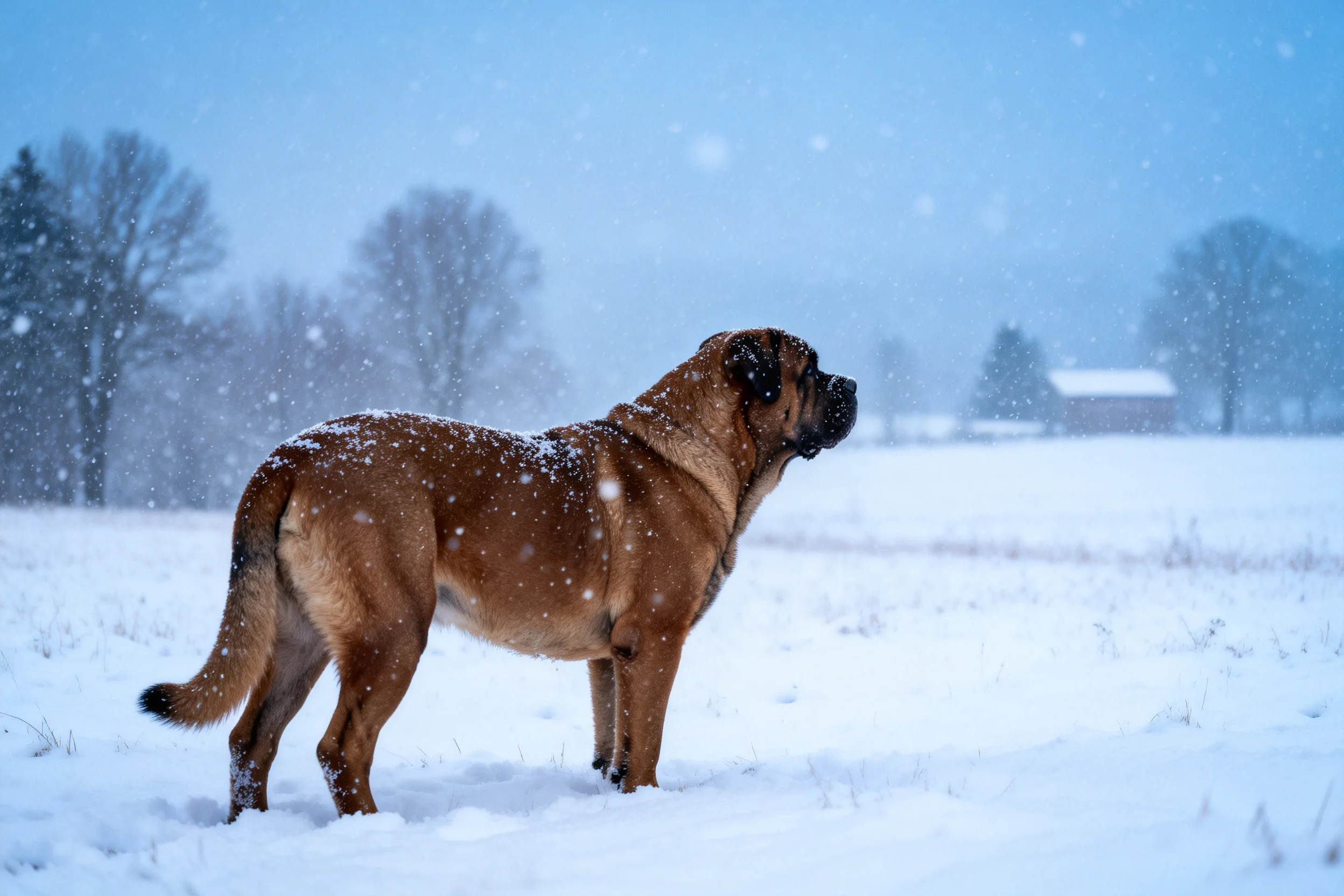 一只大型猛犬站在雪地中,身体沾着少量积雪,姿态警觉。