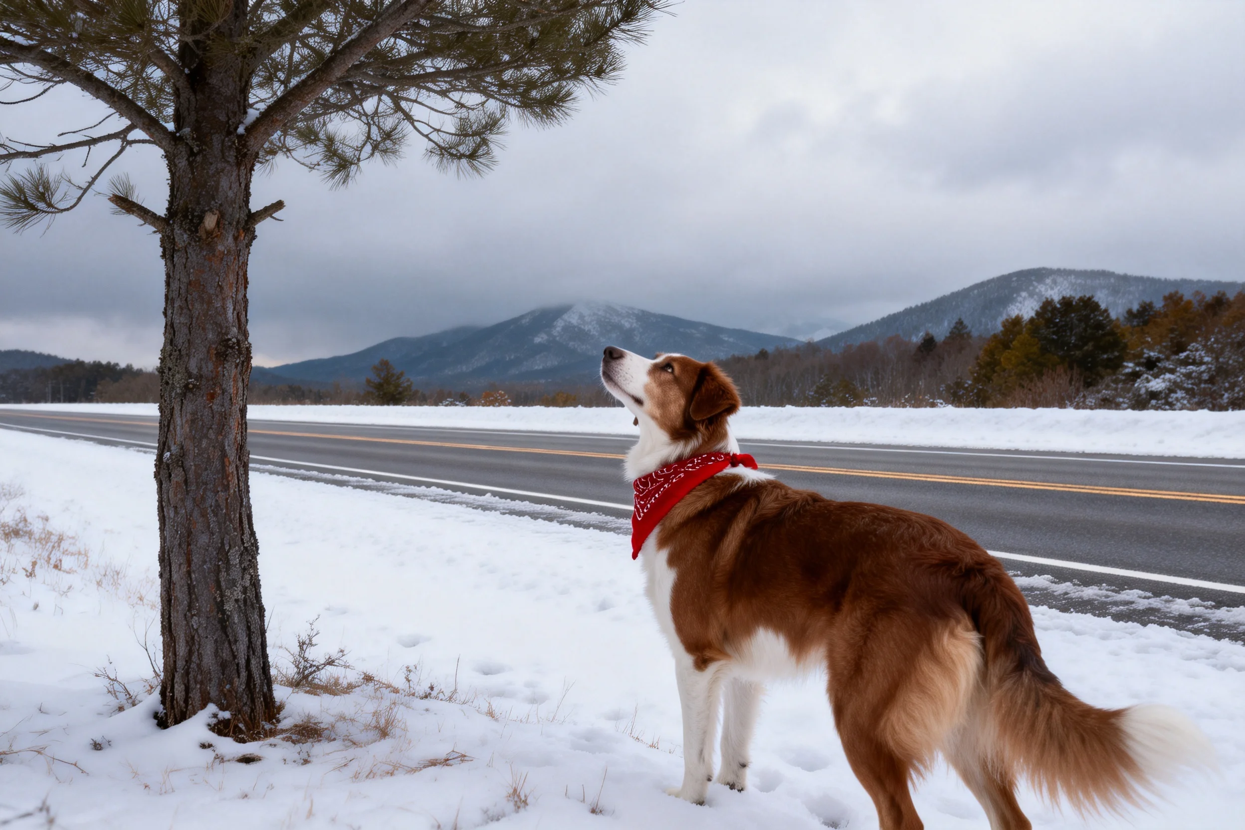 脖颈系着红色方巾的红白相间边境牧羊犬站在雪地松树旁。