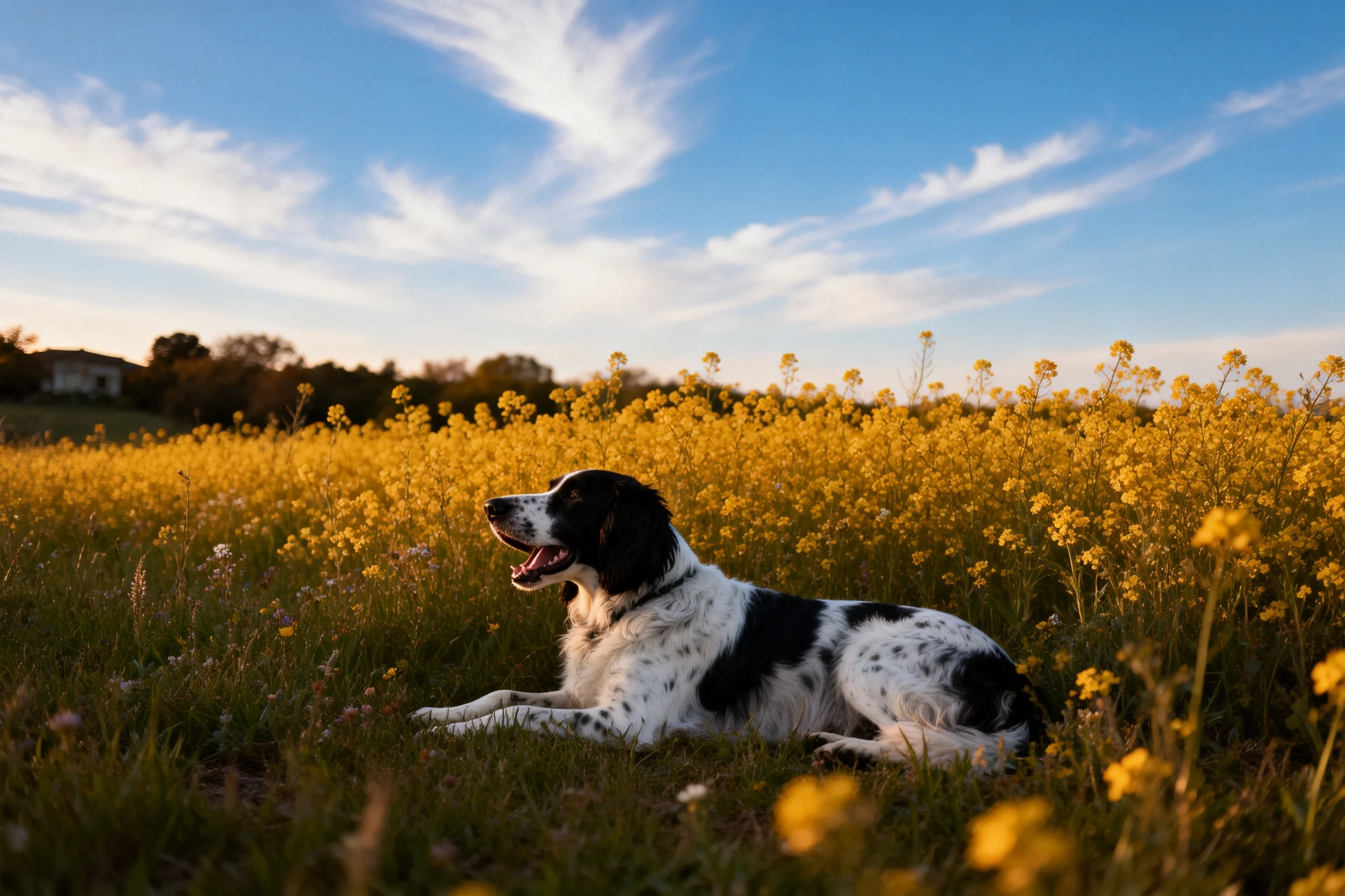 英格蘭塞特犬靜靜躺臥在黃色花田中,黑白相間的皮毛與鮮花形成鮮明對比。