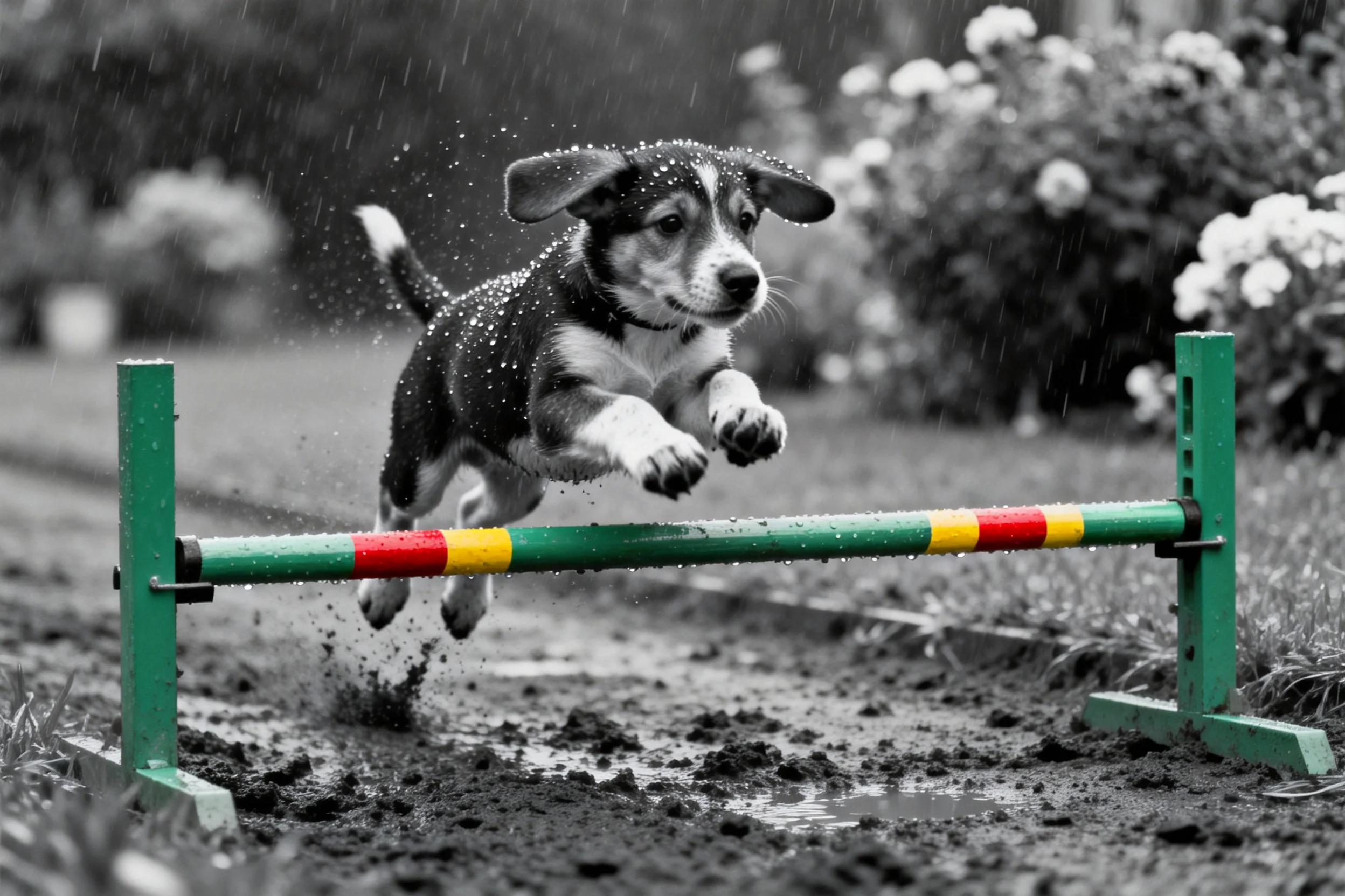 比格犬在雨天障碍跳跃时,黑白相间的被毛沾满水珠,专注的神情展现运动天赋。