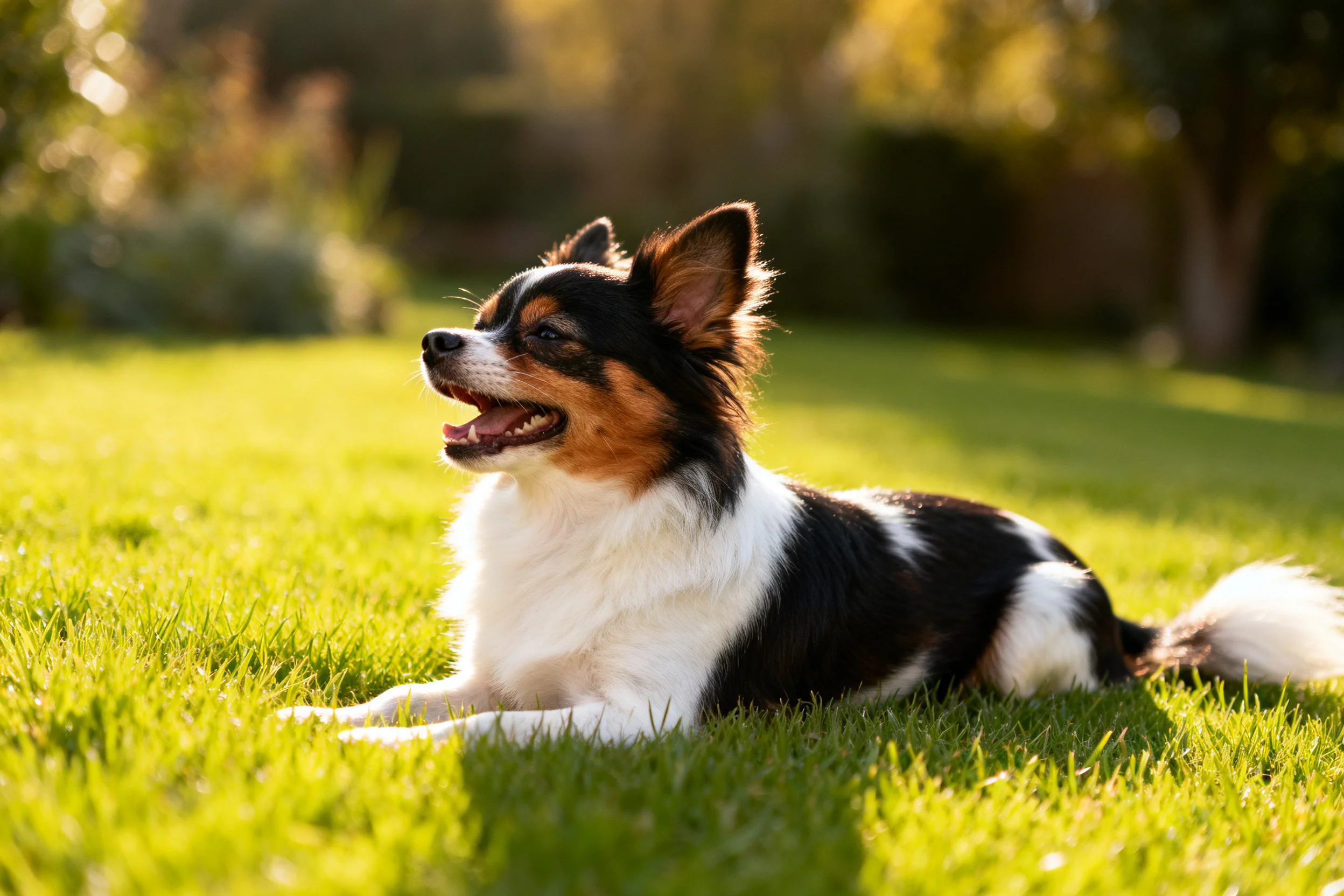 蝴蝶犬趴卧在草地上,黑白棕三色毛发分明,耳朵竖立,嘴巴张开。