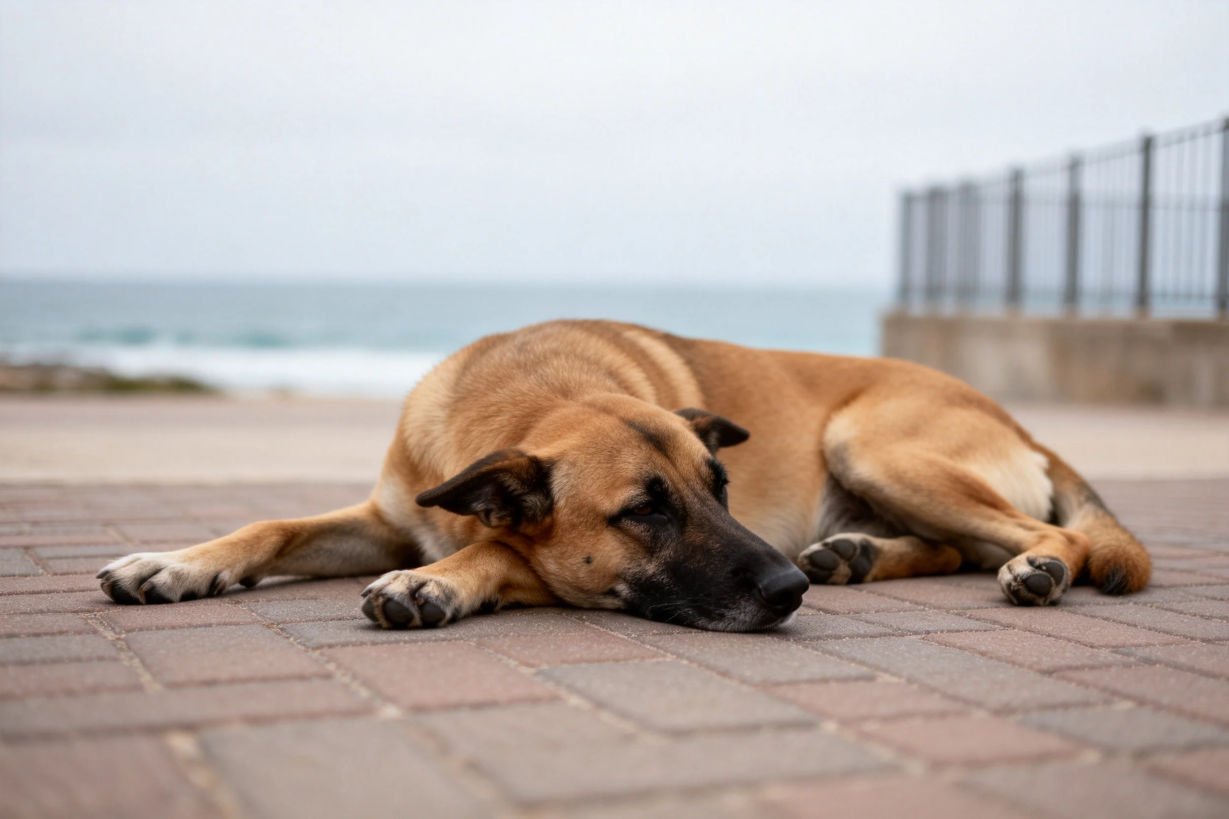 德国牧羊犬安静趴卧，浅棕色被毛与红砖路面形成对比，黑色面部清晰可见。