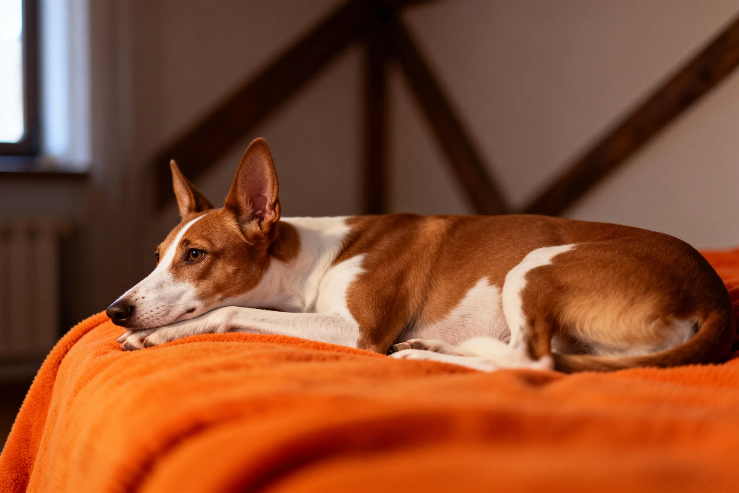 巴森吉犬趴在橙色床品上,棕白相间的毛发清晰可见,姿态放松。