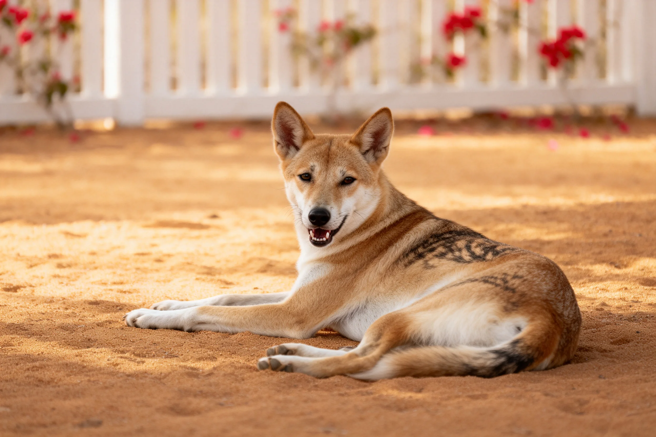澳洲野犬侧卧在沙土上,浅棕色带深色斑纹的皮毛,嘴巴微微张开。