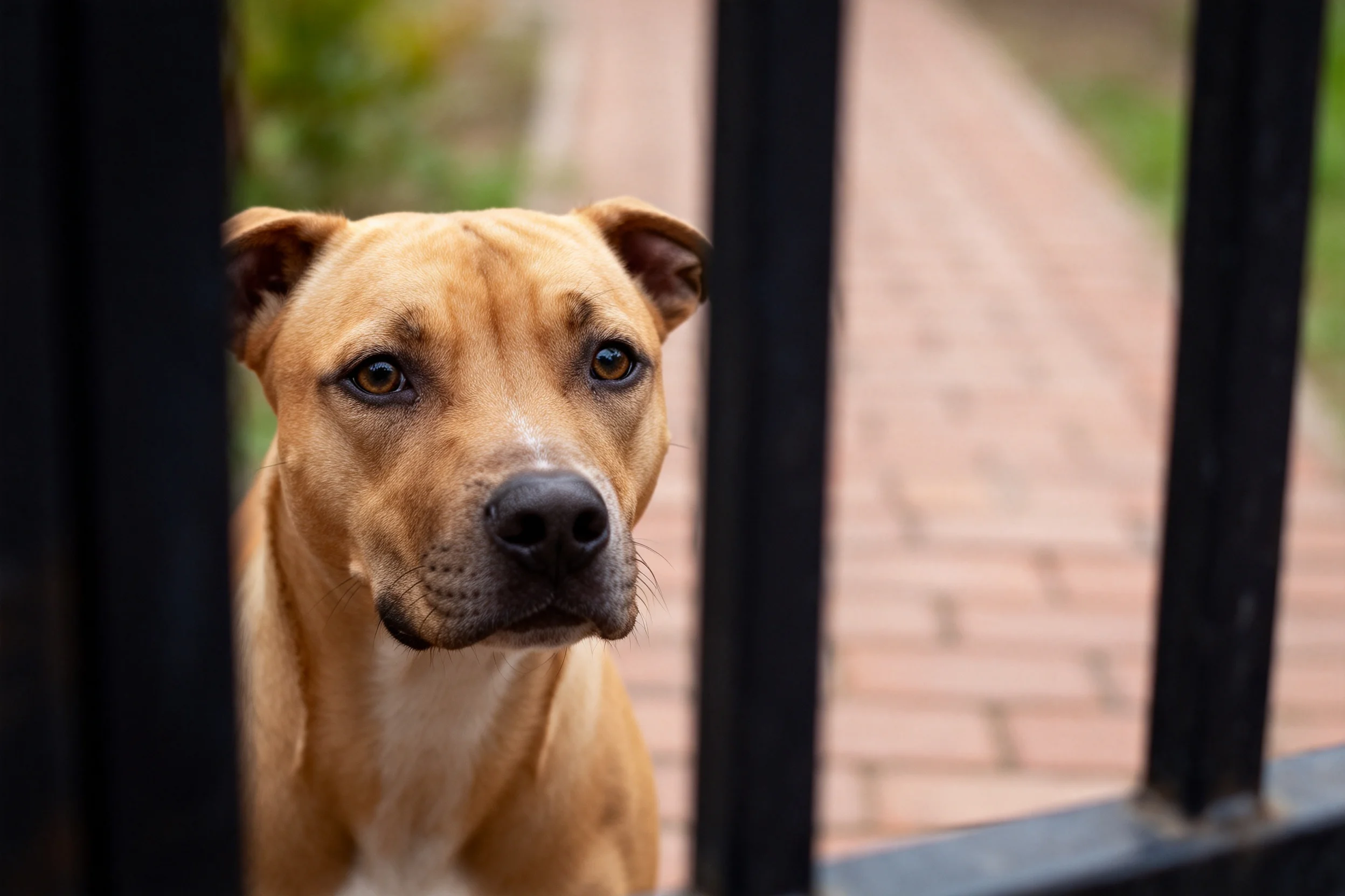 一只斯塔福梗犬正透过黑色金属栏杆，浅棕色带白色斑纹的毛发清晰可见。