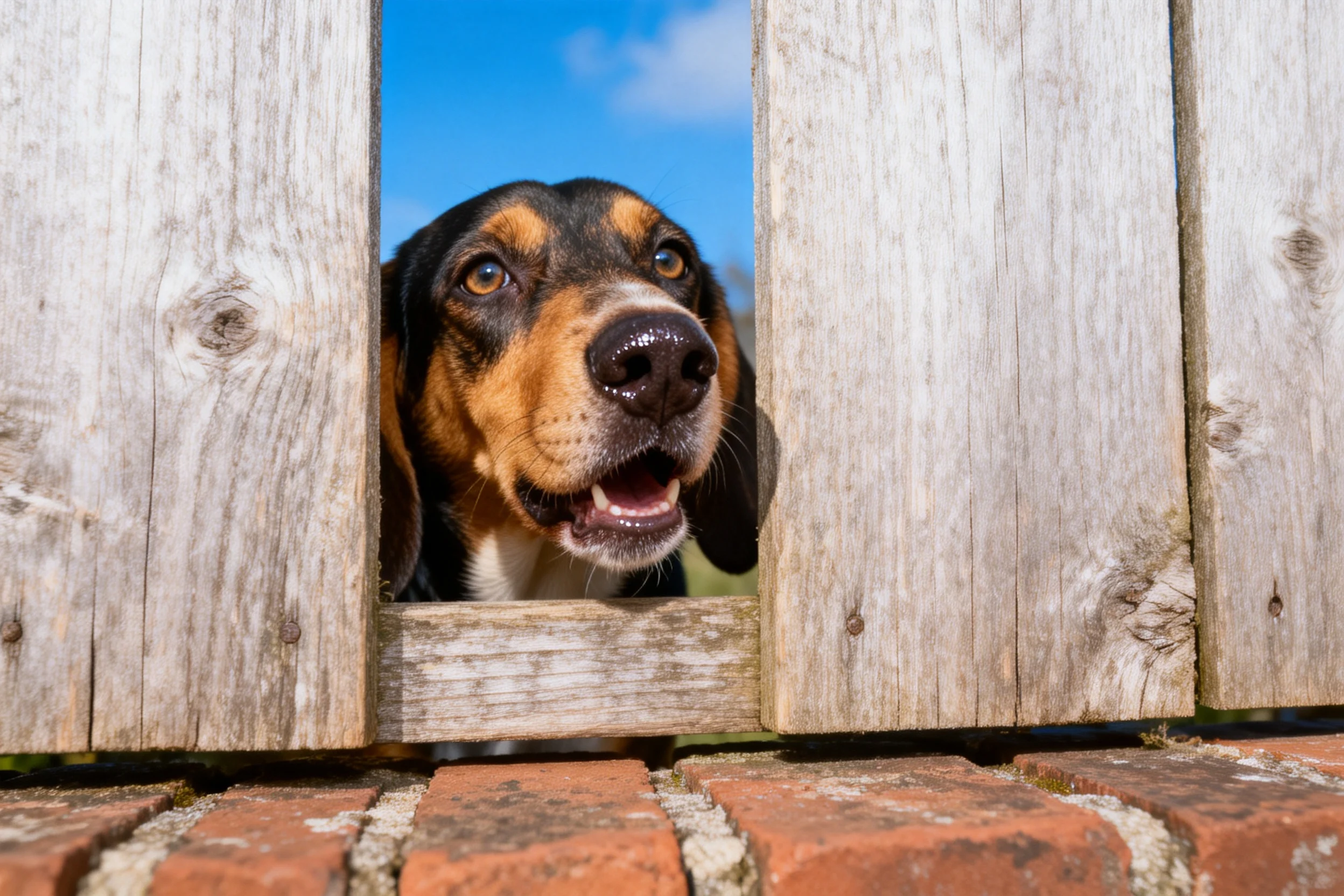 德国短毛指示犬透过木栅栏张望,黑色的鼻头与张开的小嘴清晰可见。