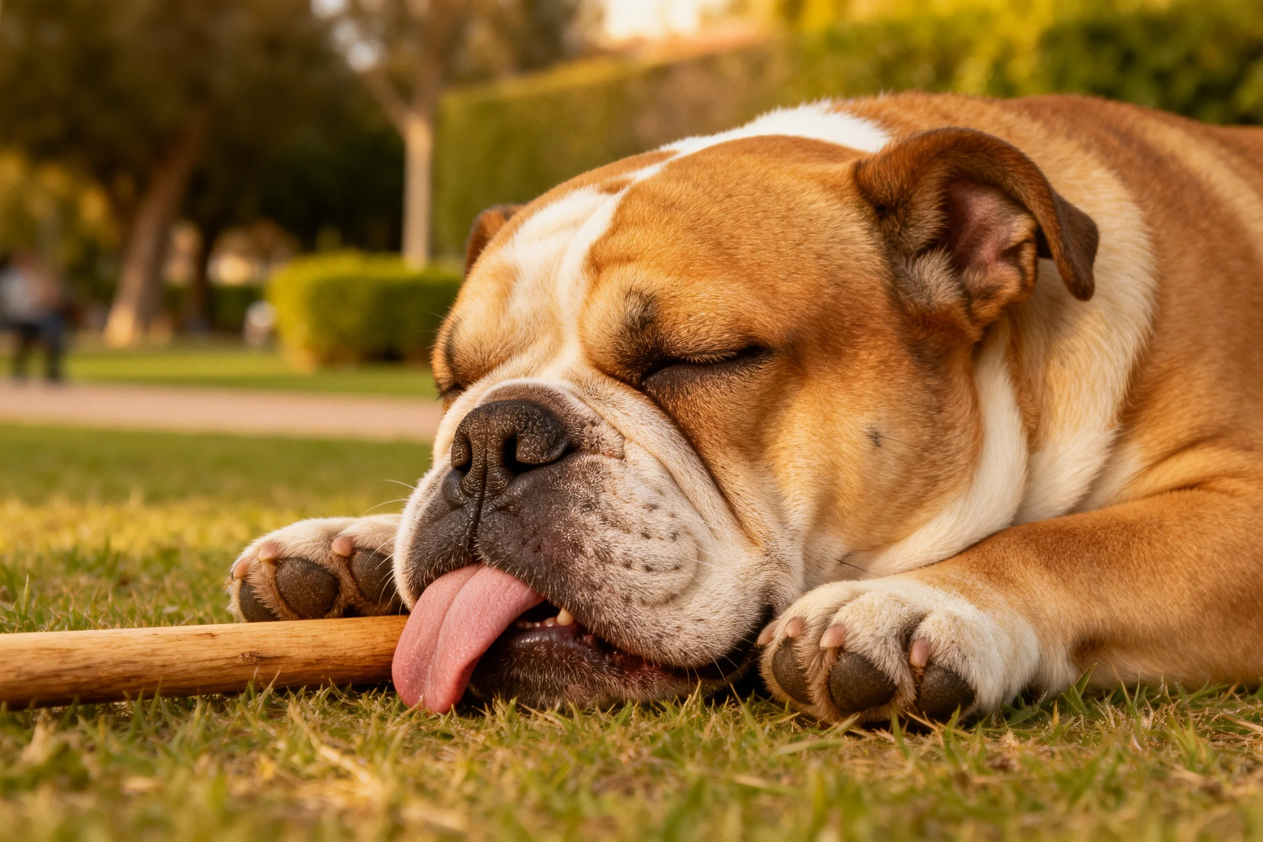 英国斗牛犬躺着时棕白相间的毛发清晰可见,嘴里叼着木制玩具,舌头伸出。
