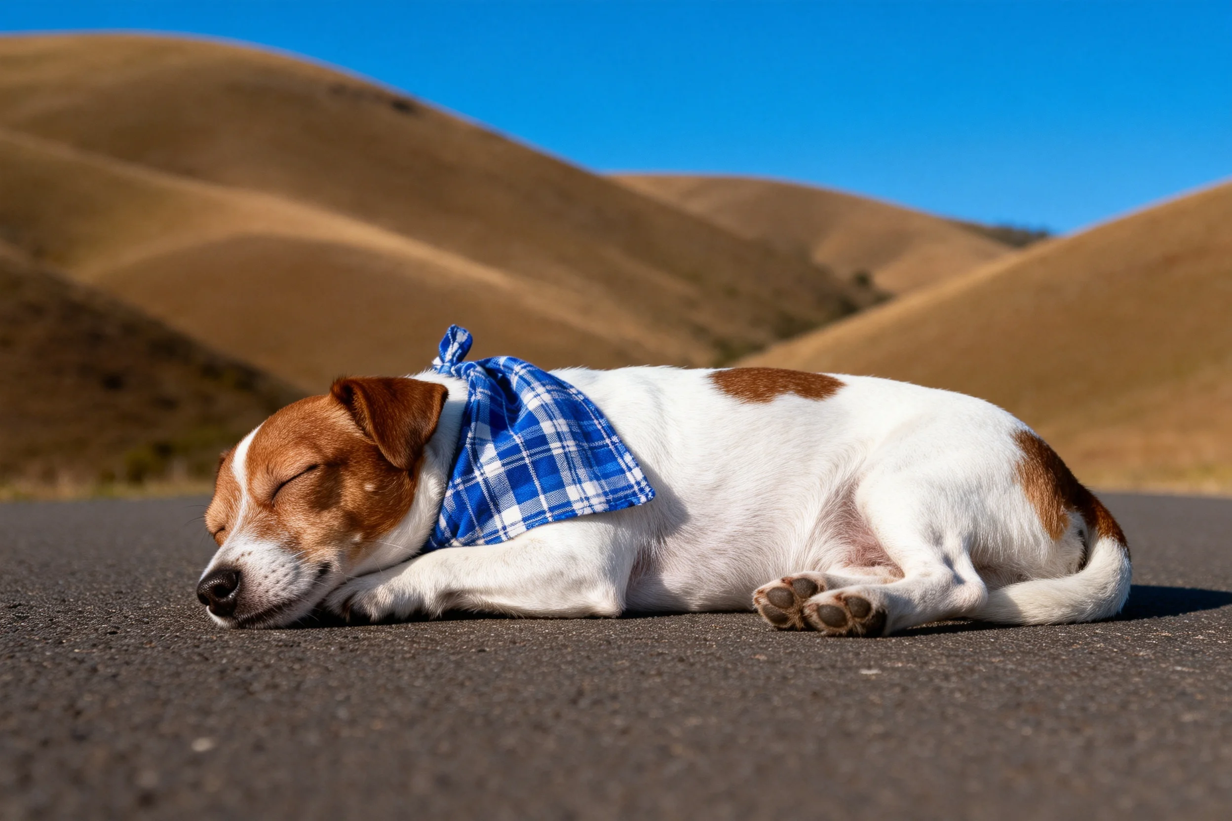 杰克罗素梗犬安静地躺着,白色与棕色相间的毛发贴在沥青路面上,脖颈处的蓝白格纹布巾清晰可见。