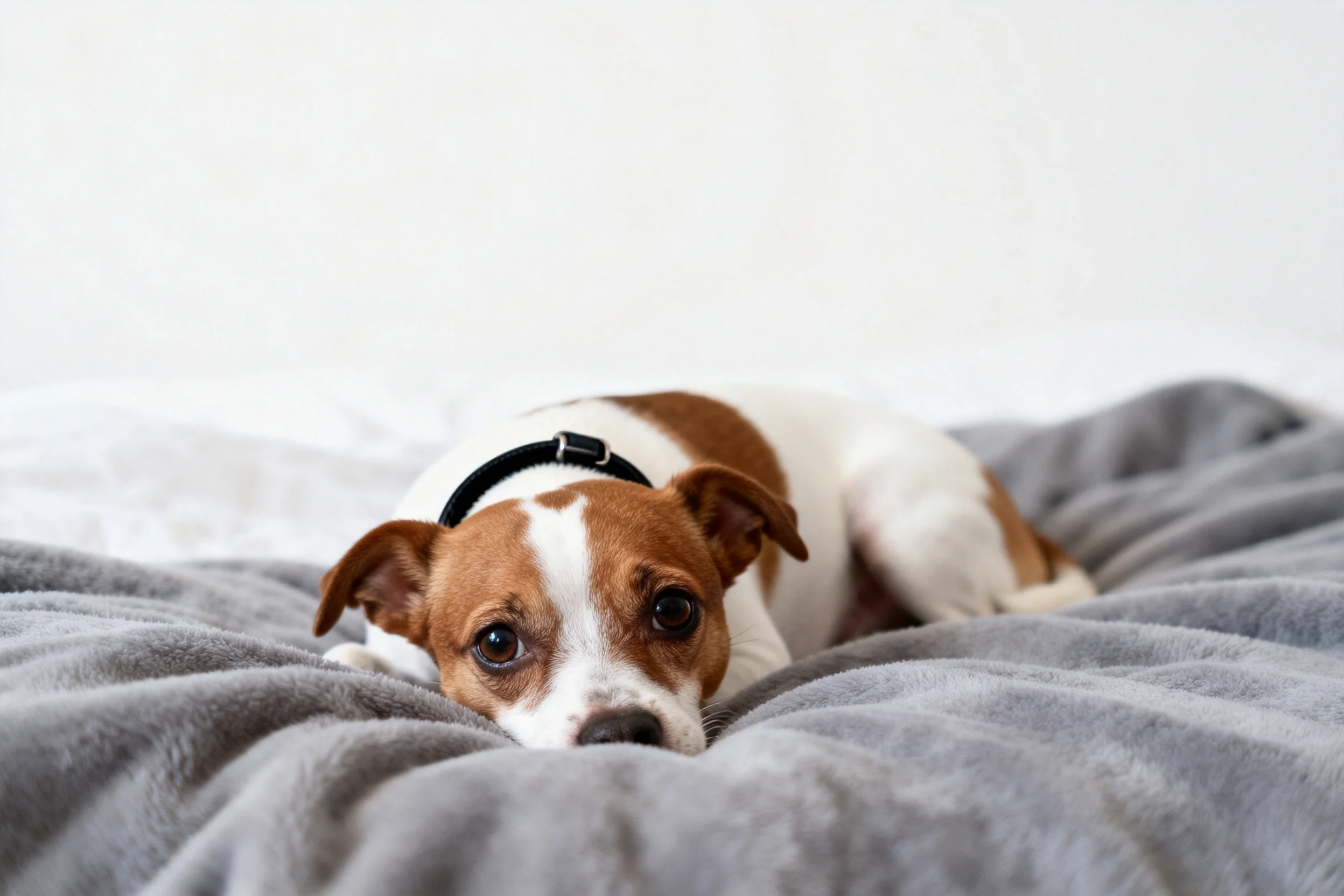 一只棕白相间的杰克罗素梗犬趴卧在灰色织物上,黑色的项圈清晰可见,毛发整齐贴附在织物表面。