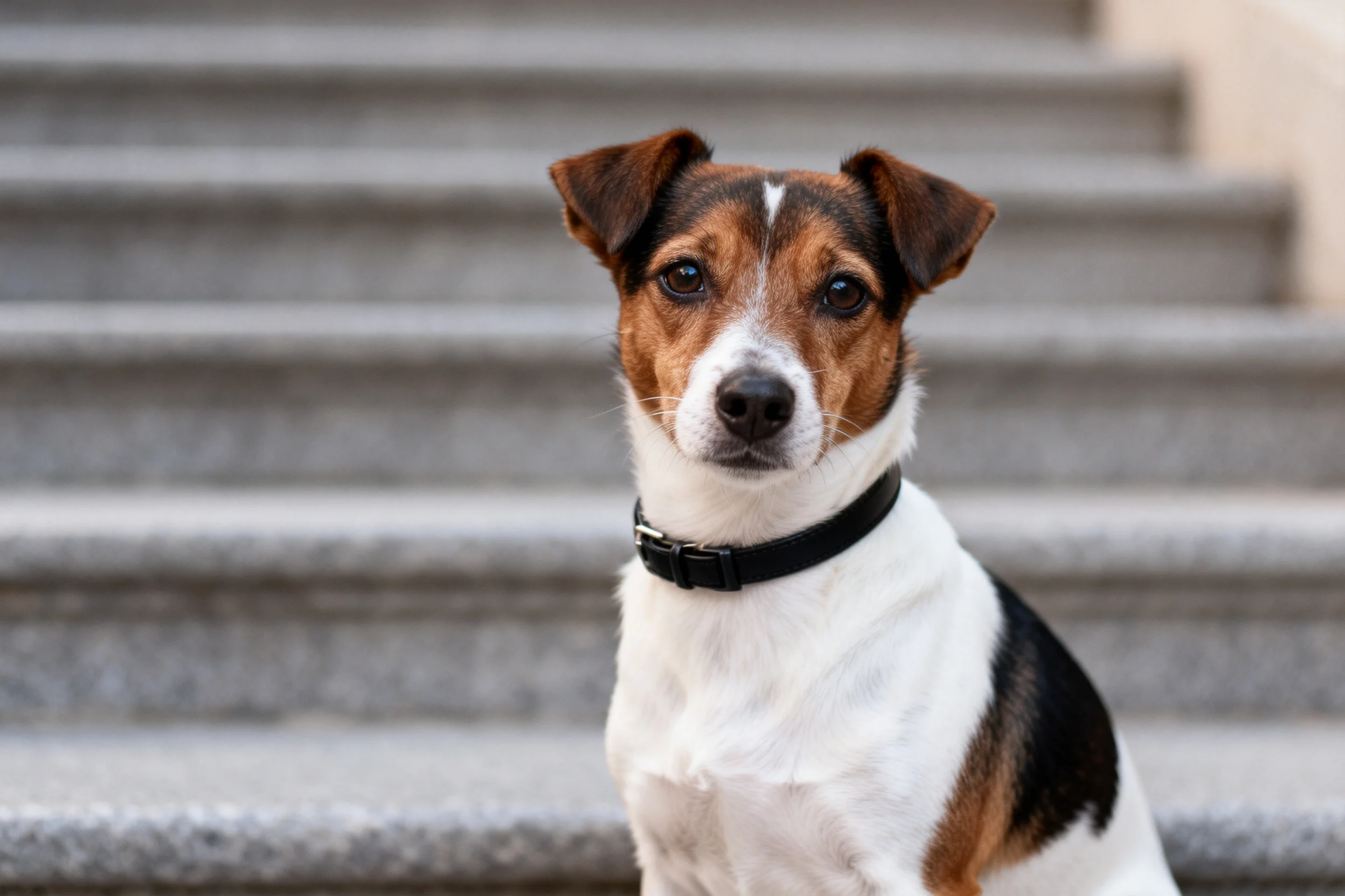 杰克罗素梗犬安静地坐在台阶上,白色被毛带有棕色和黑色斑块,佩戴黑色项圈,眼神专注。
