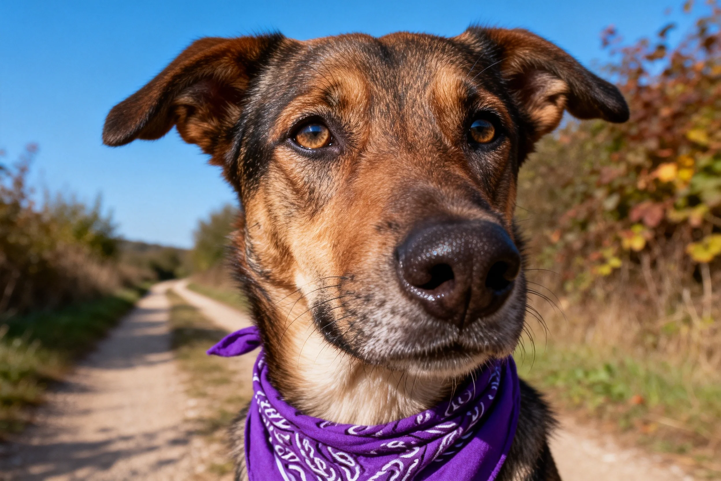 工作型混血犬戴着紫色带白花的围巾,黑色的鼻头湿润,目光平静。