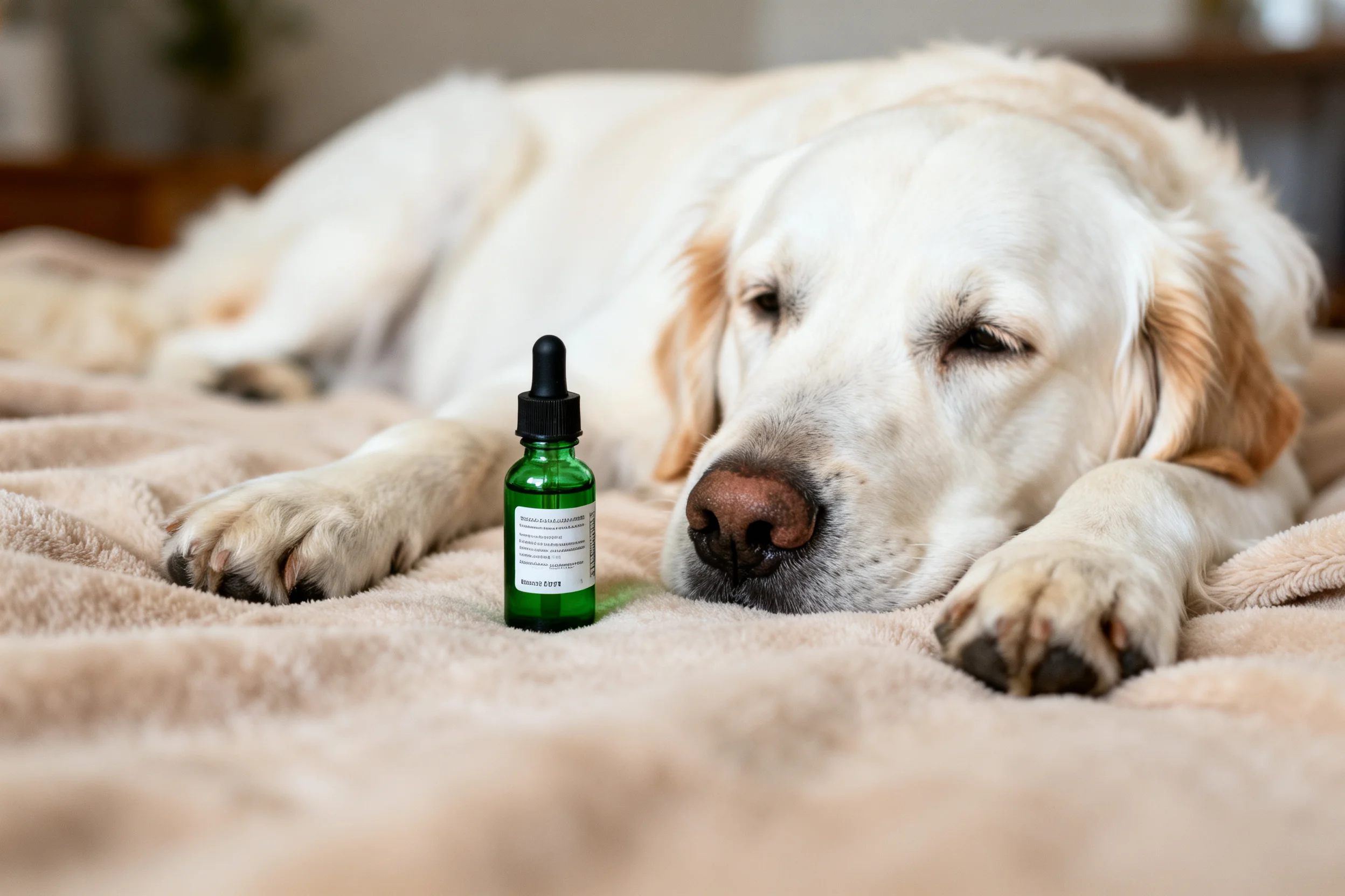 一只毛色雪白的拉布拉多犬安静趴卧在浅棕色毯面上,身旁有一瓶绿色滴管药瓶,狗狗双眼半睁呈现放松状态。