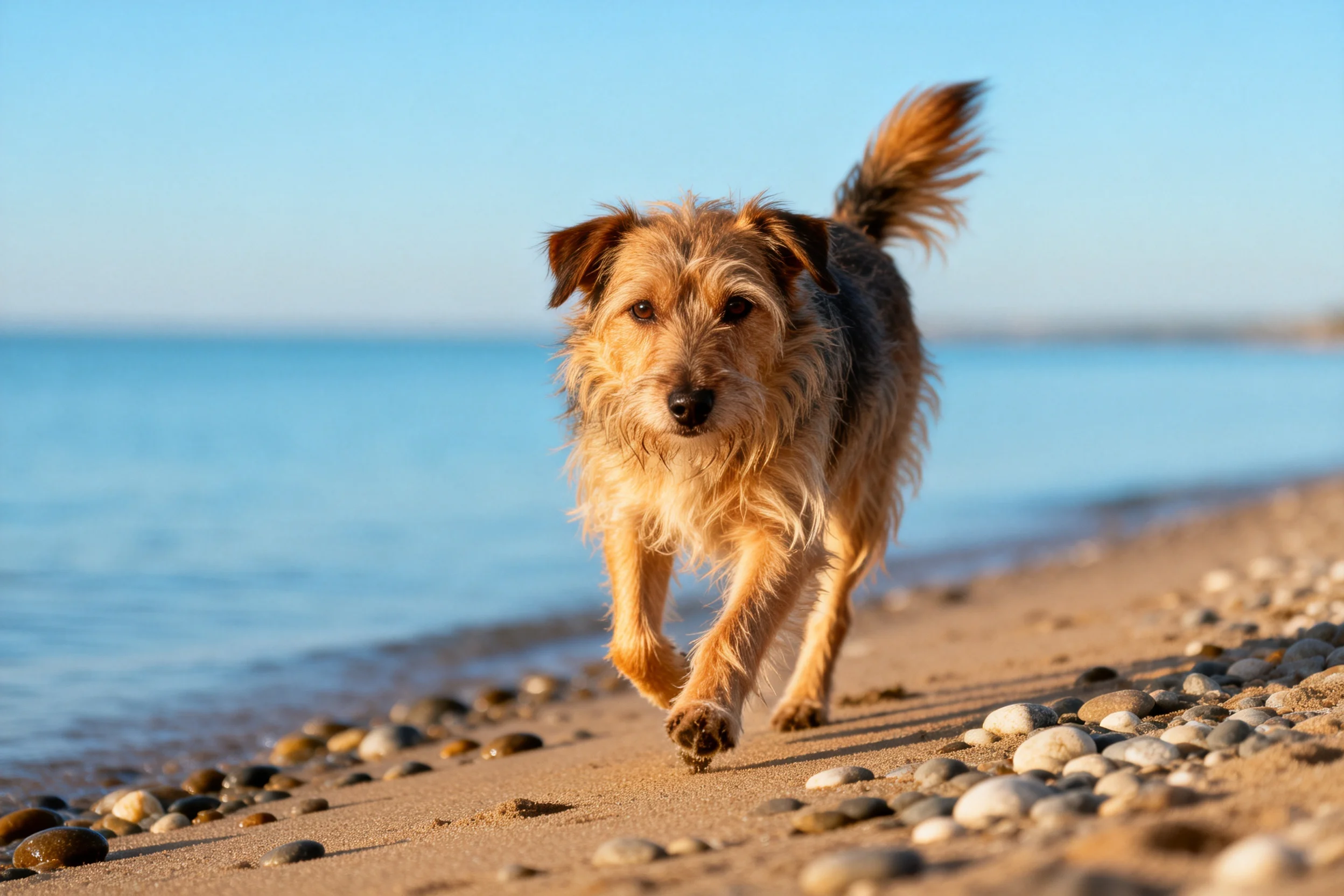 杂种梗犬在露天沙滩上奔跑，浅棕色毛发带有深色斑纹，四肢有力，沙滩上分布着各种大小的鹅卵石。