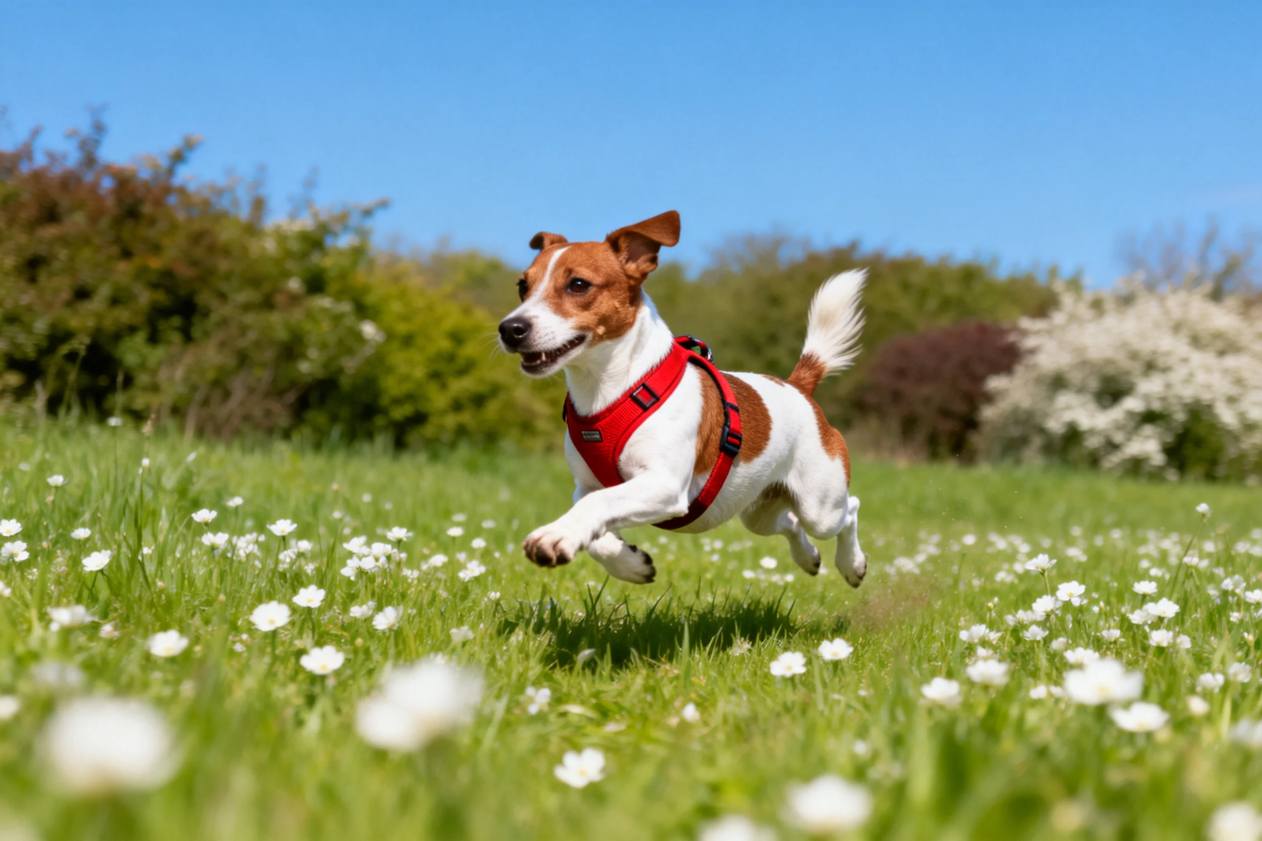 杰克罗素梗犬穿着红色胸背带在开满小白花的草地上奔跑,四肢有力伸展。