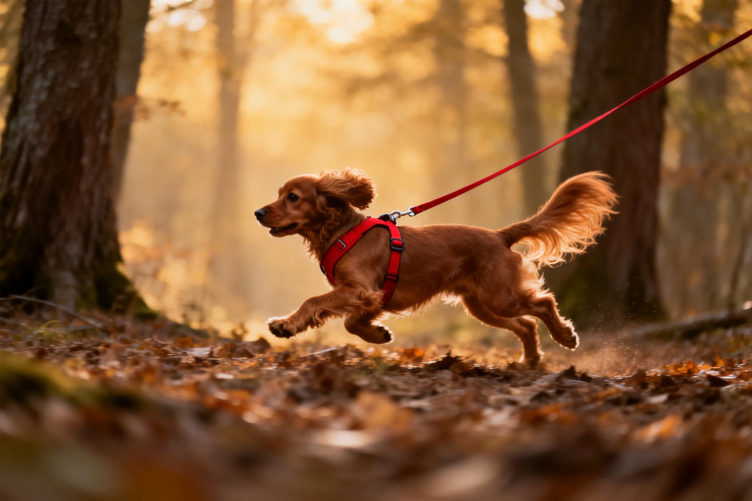 金毛寻回犬在森林小径上奔跑,红色牵引带连接着它,毛发呈棕色且蓬松。