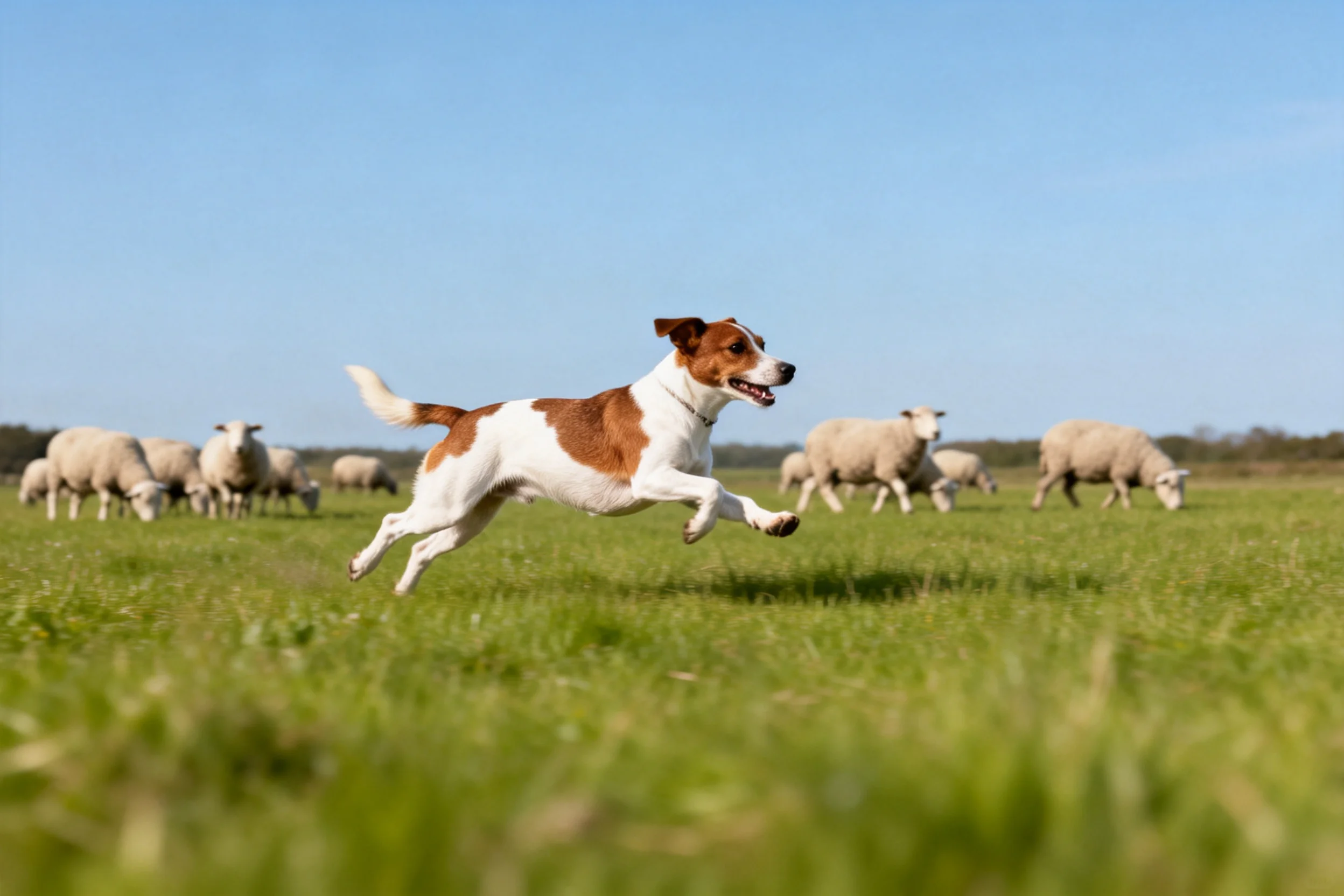 杰克罗素梗犬在绿色草地上奔跑,白色与棕色毛发清晰,四肢有力伸展。