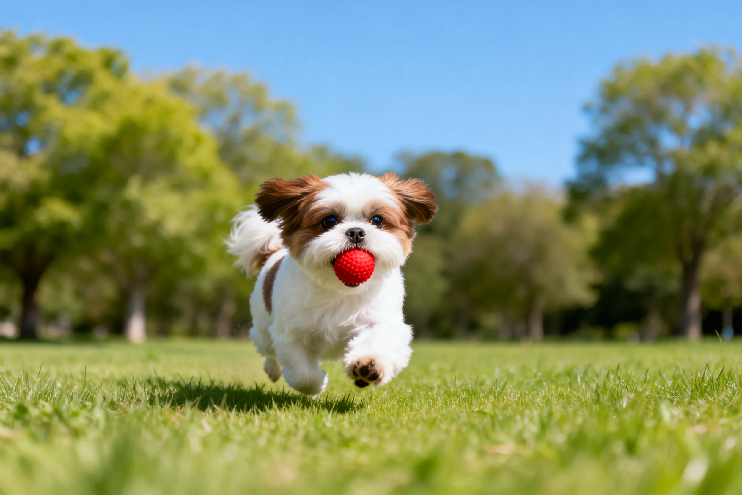 一只西施犬叼着红色小球在草地上奔跑,展现出松的白色毛发清晰可见。
