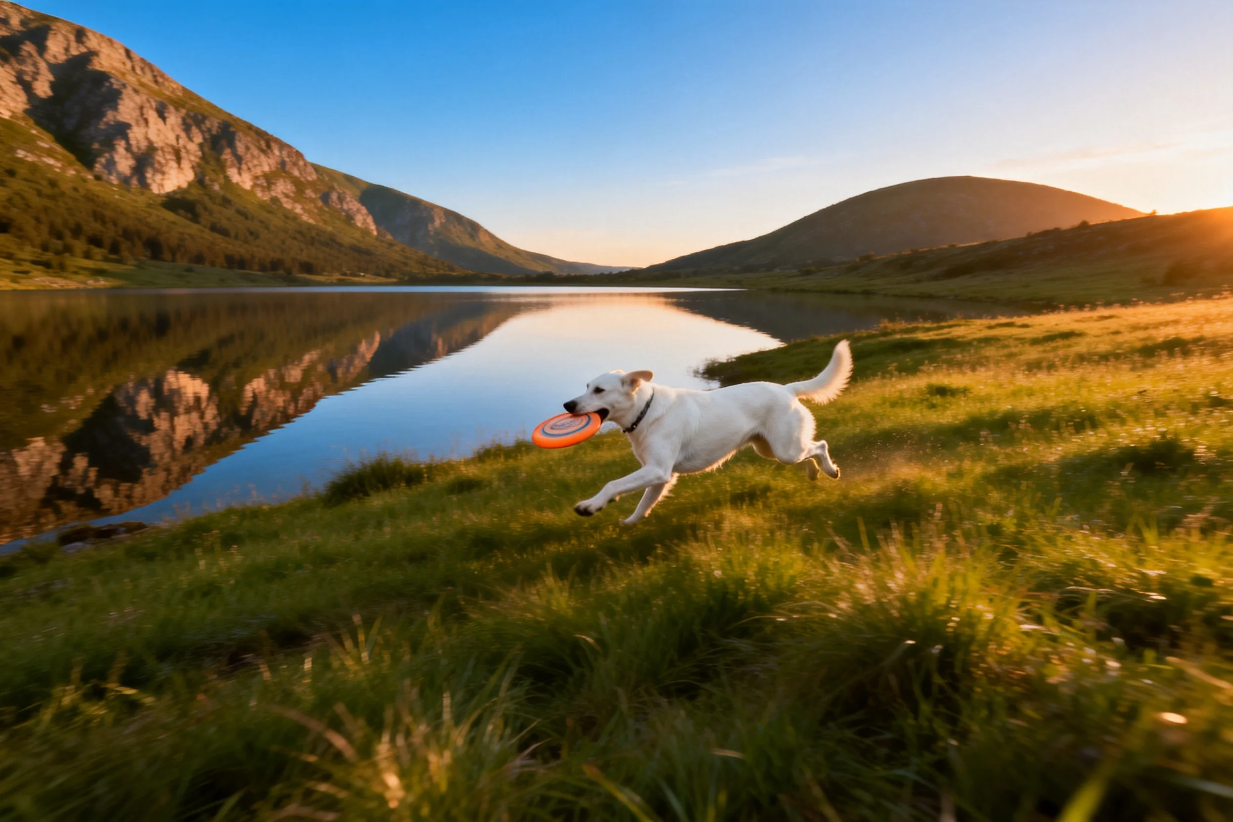 白色拉布拉多犬叼着橙色飞盘在湖畔草地奔跑，白色被毛在阳光下显得格外洁白。