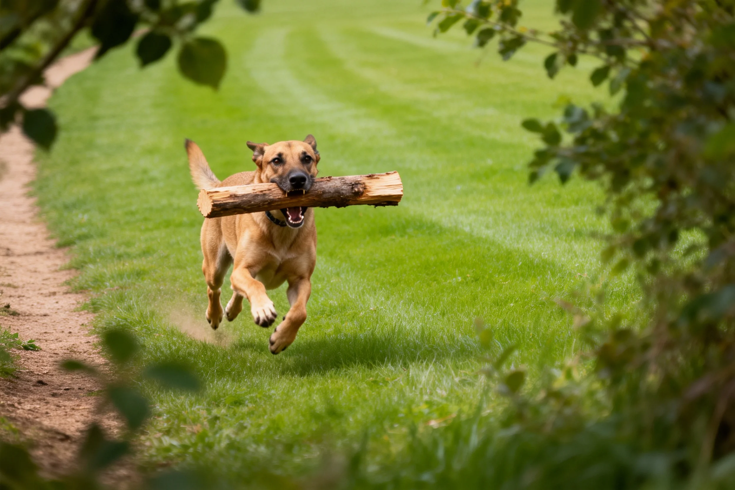 德国牧羊犬叼着表面有纹理的木块,在绿色草地上奔跑。