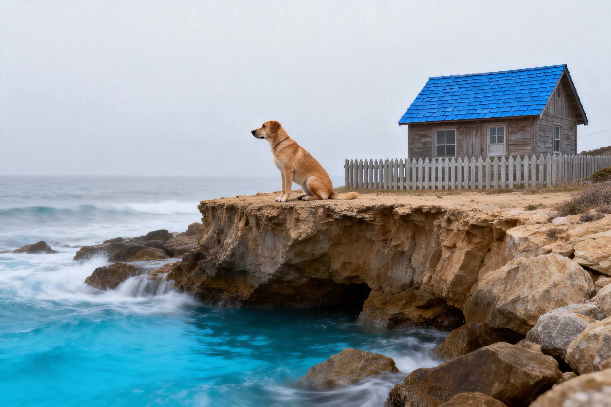 金毛犬安静地坐在海岸悬崖处,浅棕色被毛在光下清晰可见。