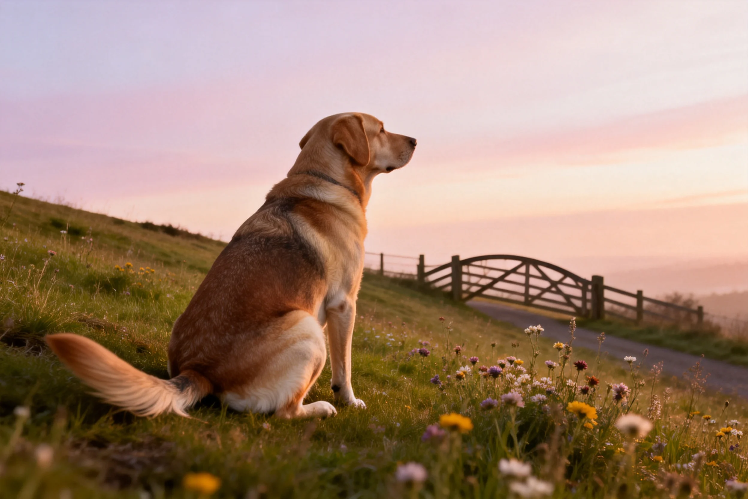 拉布拉多混种犬安静坐着,浅棕色带白色斑纹的毛发在夕阳下显得柔软蓬松。