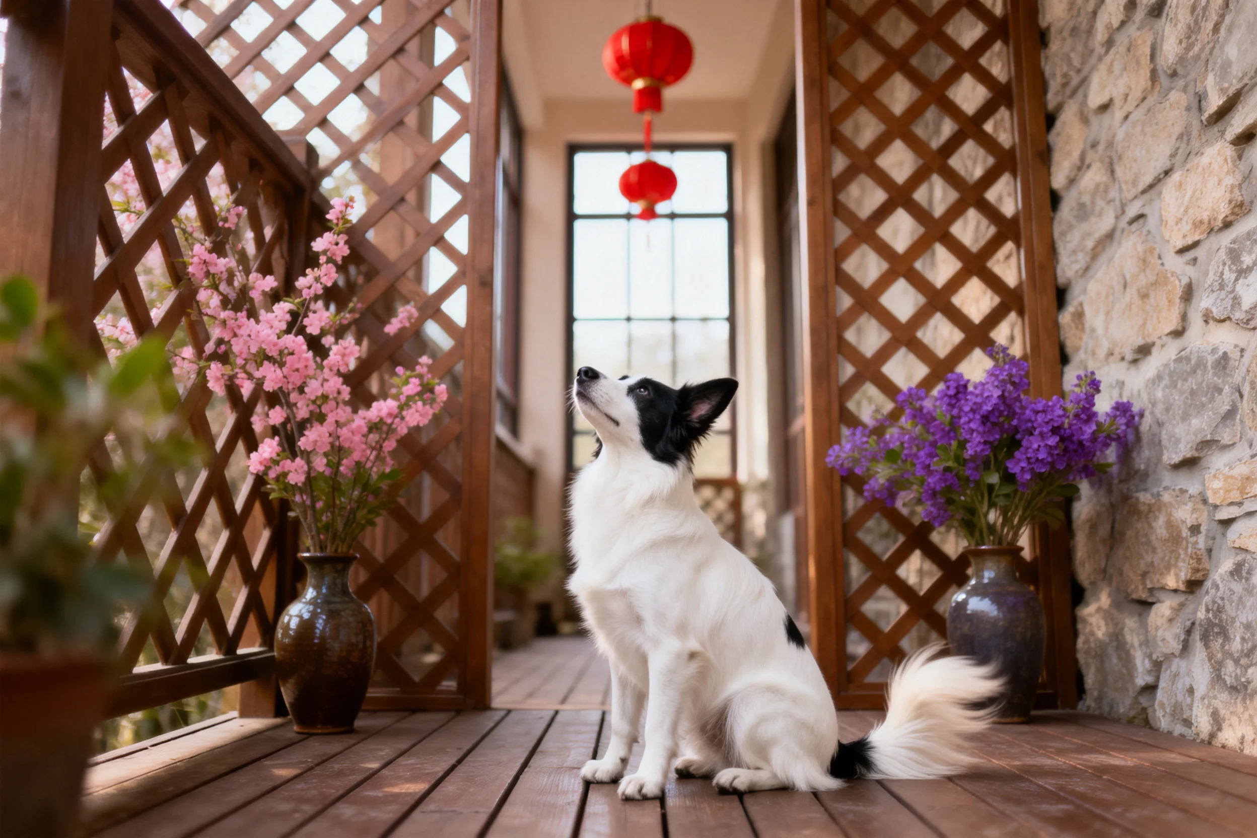 边境牧羊犬黑白相间的毛发清晰,正抬头注视上方红灯笼。