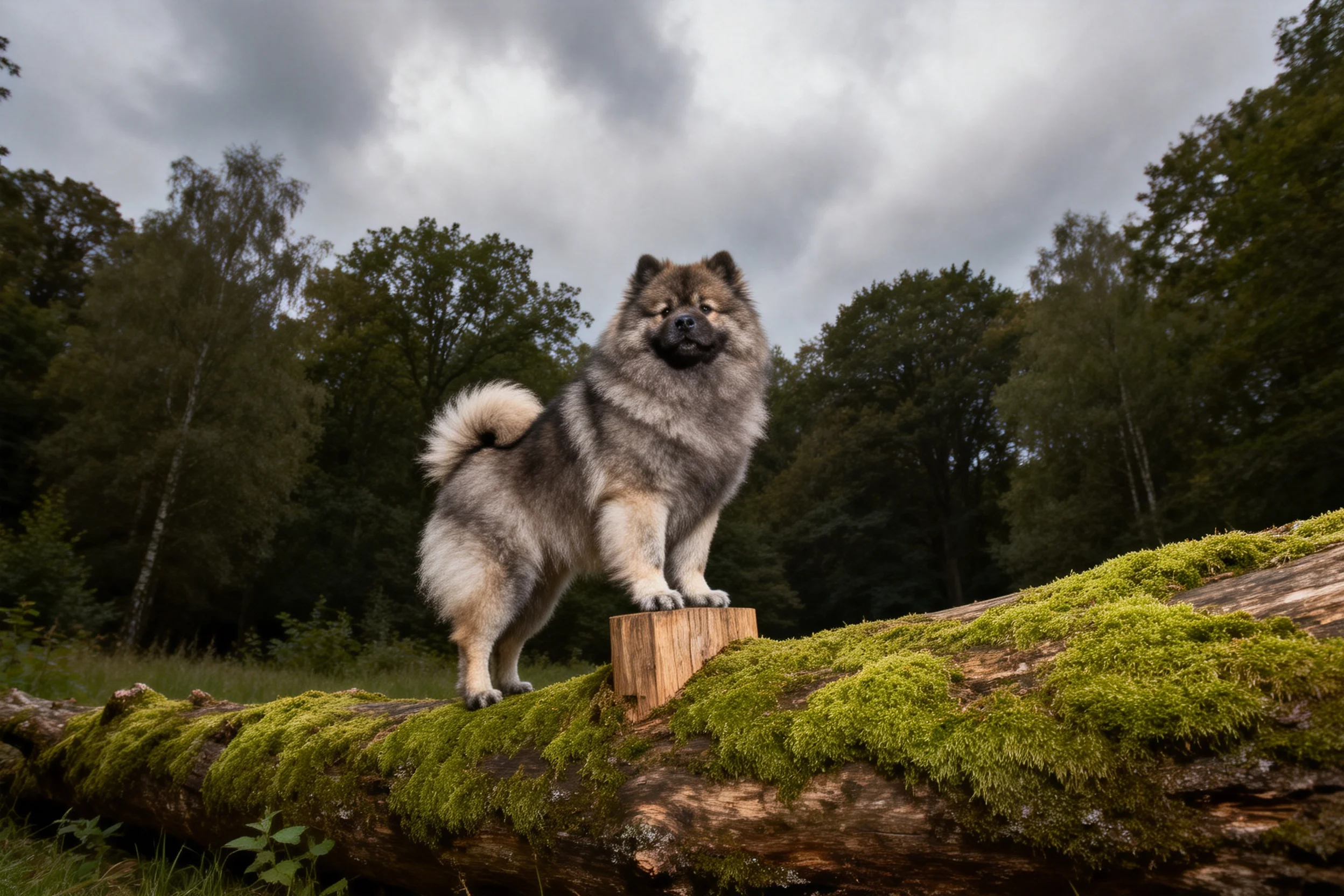 凯利蓝梗犬站立于苔藓覆盖的原木上,灰白相间的浓密毛发清晰可见。