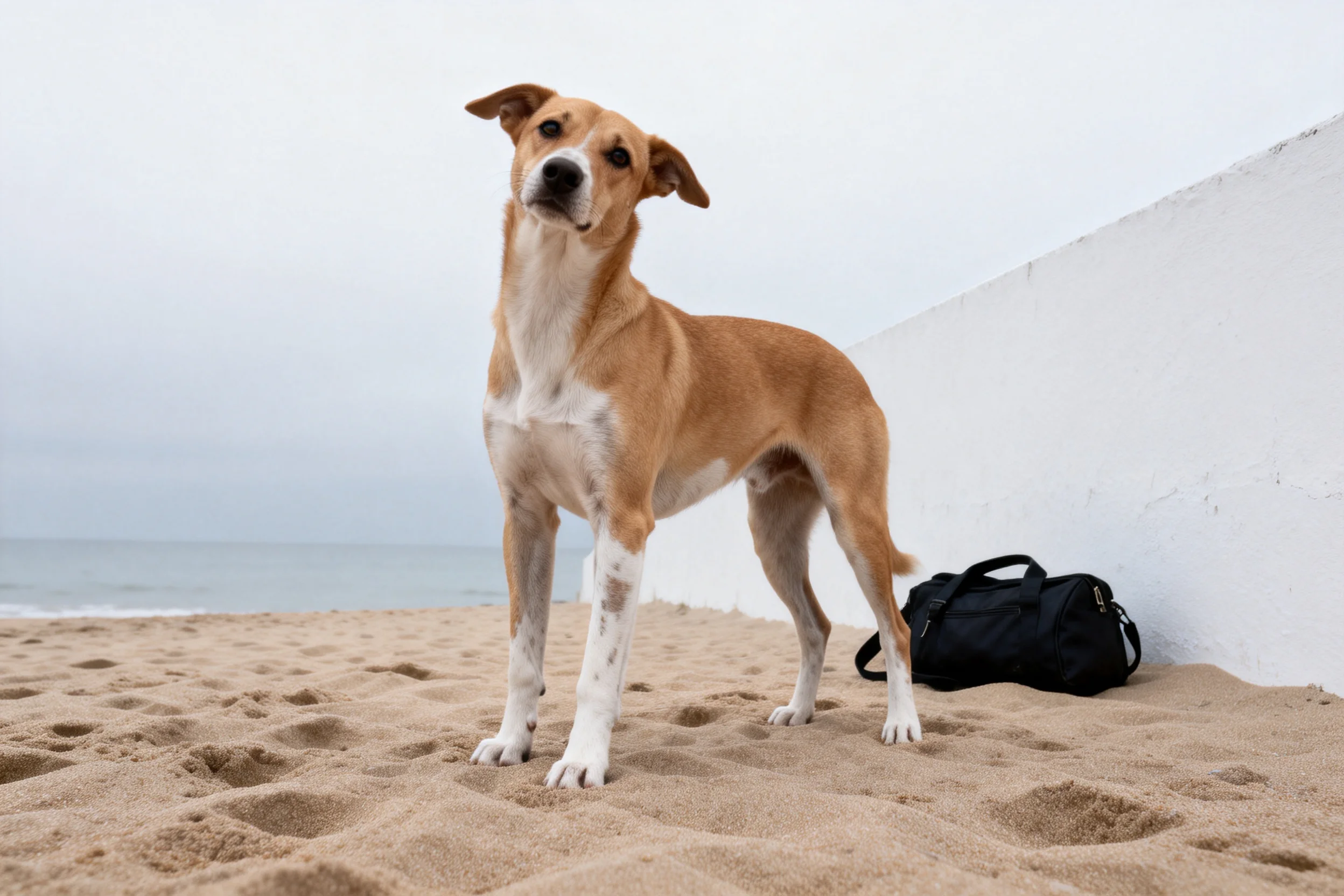 一只浅棕色与白色相间的混种犬站在沙滩上,目光看向镜头方向,身旁有黑色的包袋。
