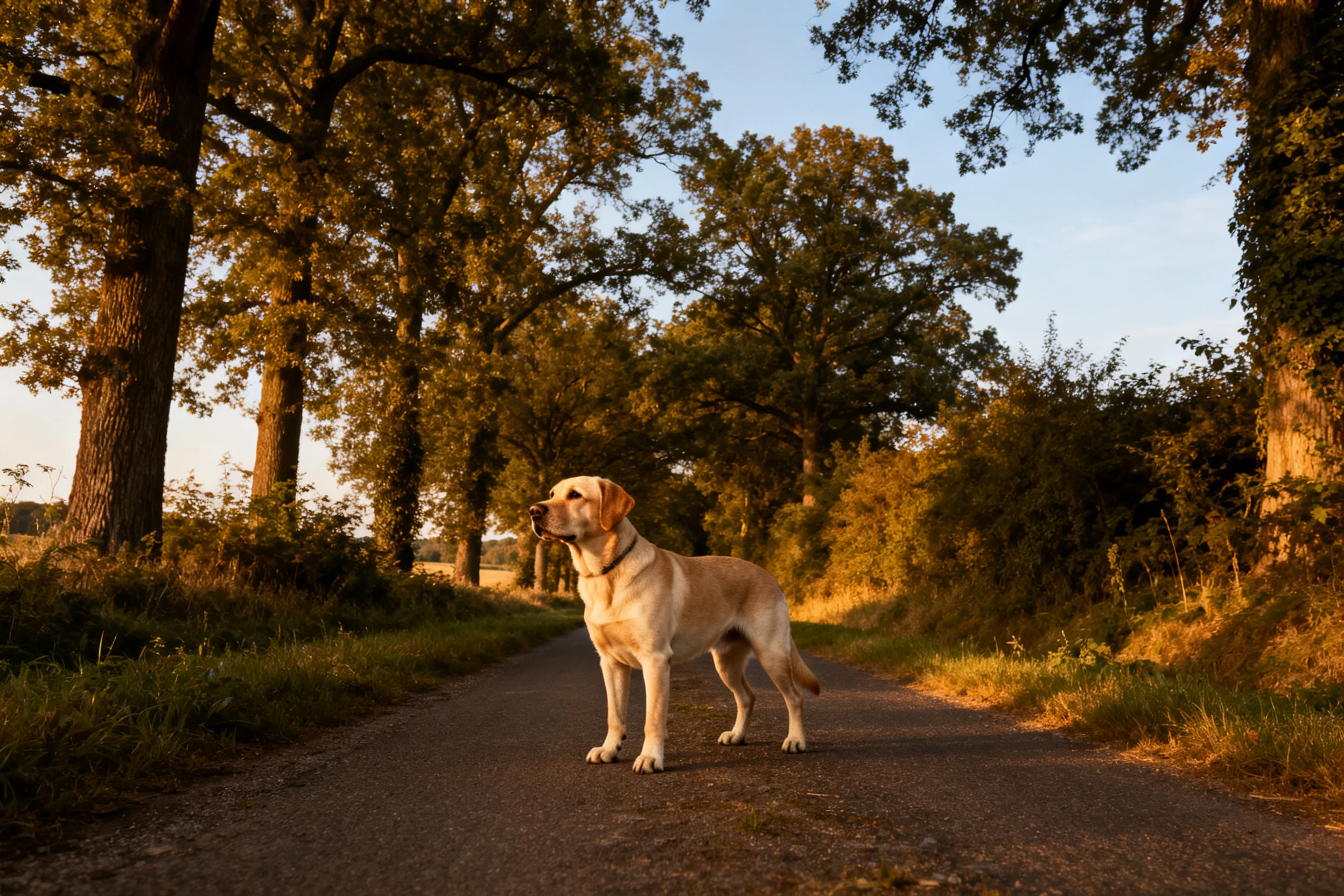 拉布拉多犬站立在乡村道路上，浅黄色被毛顺滑且蓬松，姿态稳健。
