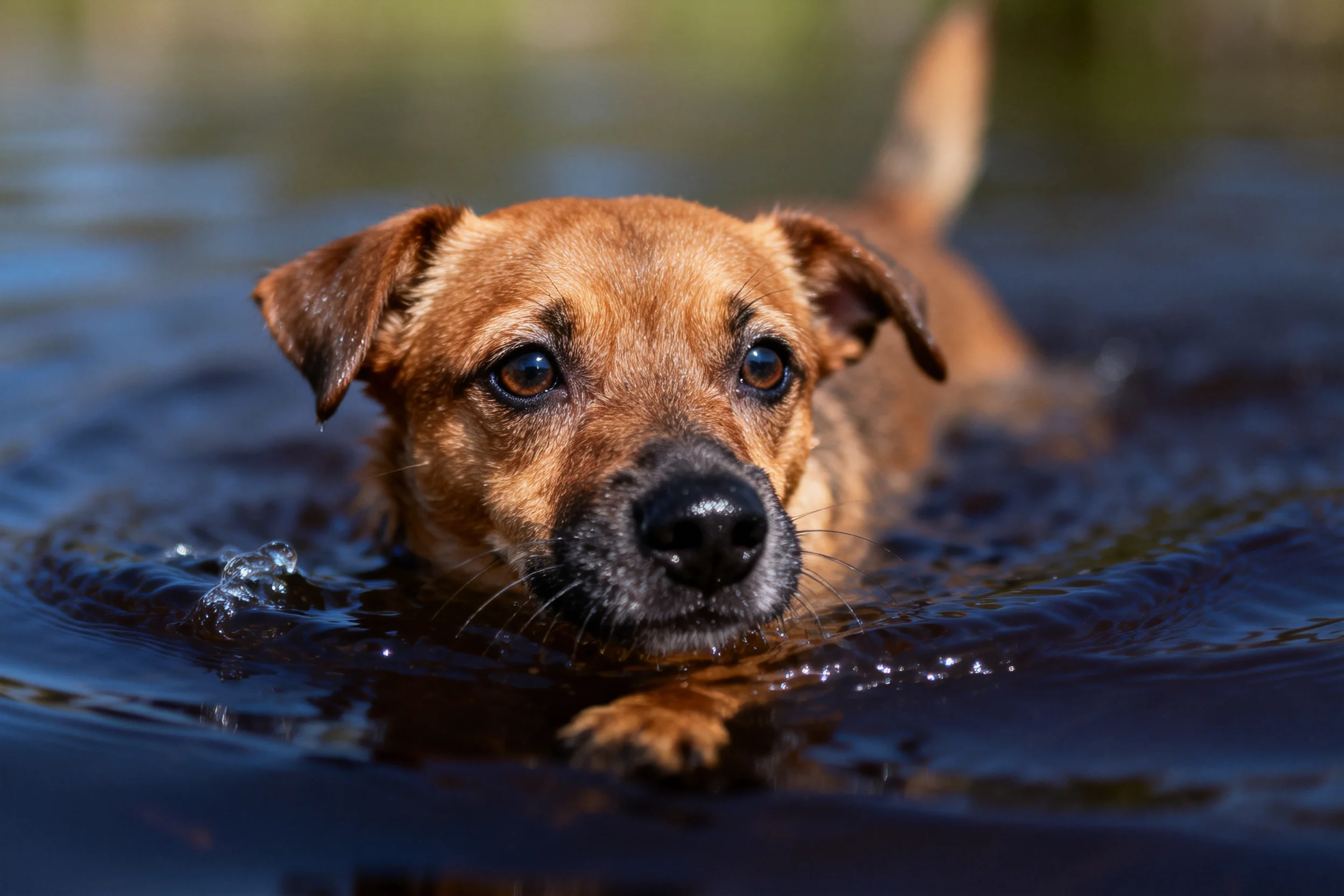 短毛混血犬黑色鼻头贴在水面上,浅棕色皮毛湿润有光泽。