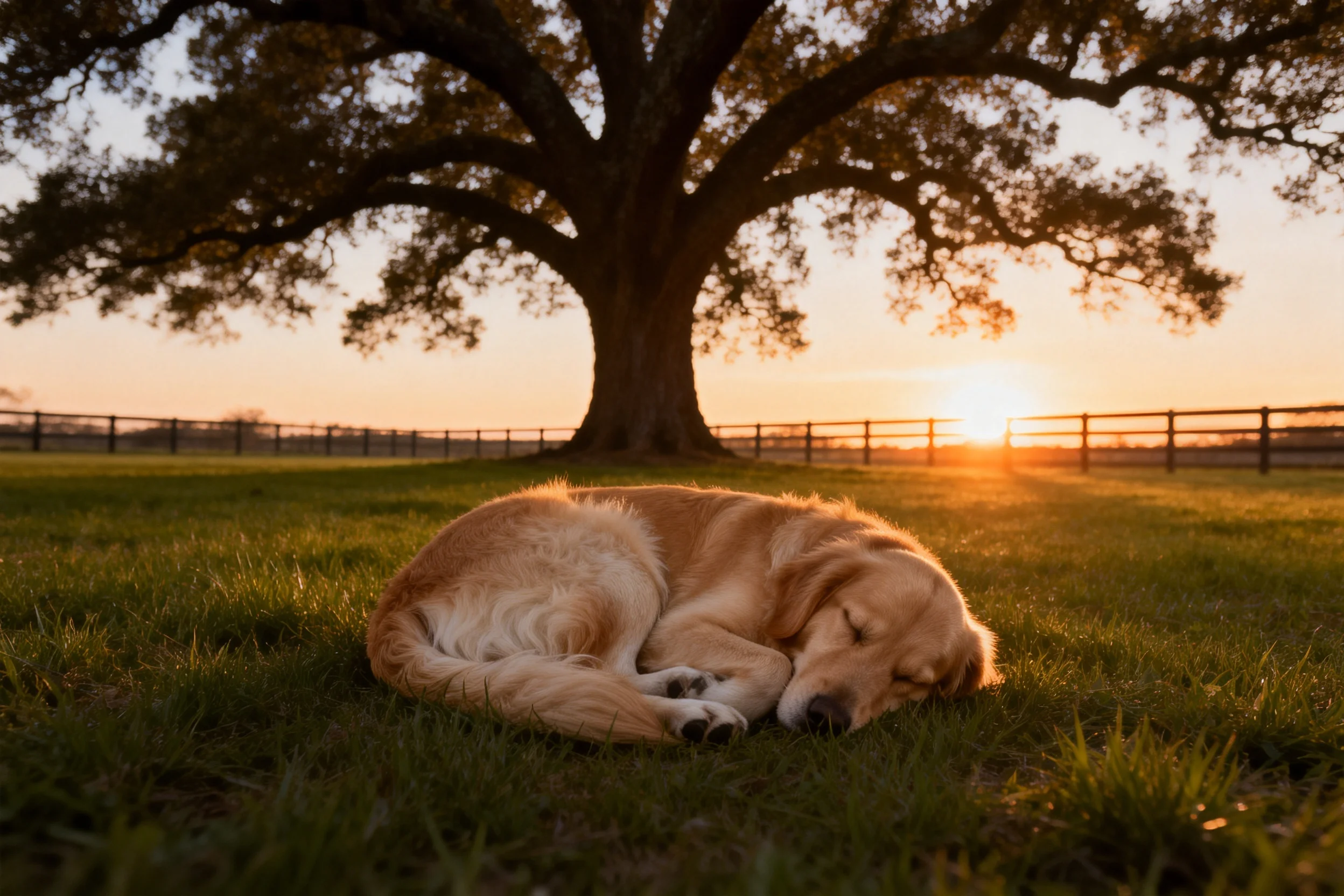 金毛寻回犬蜷缩在草地上,浅金色长毛在夕阳下显得柔顺,处于睡眠状态。