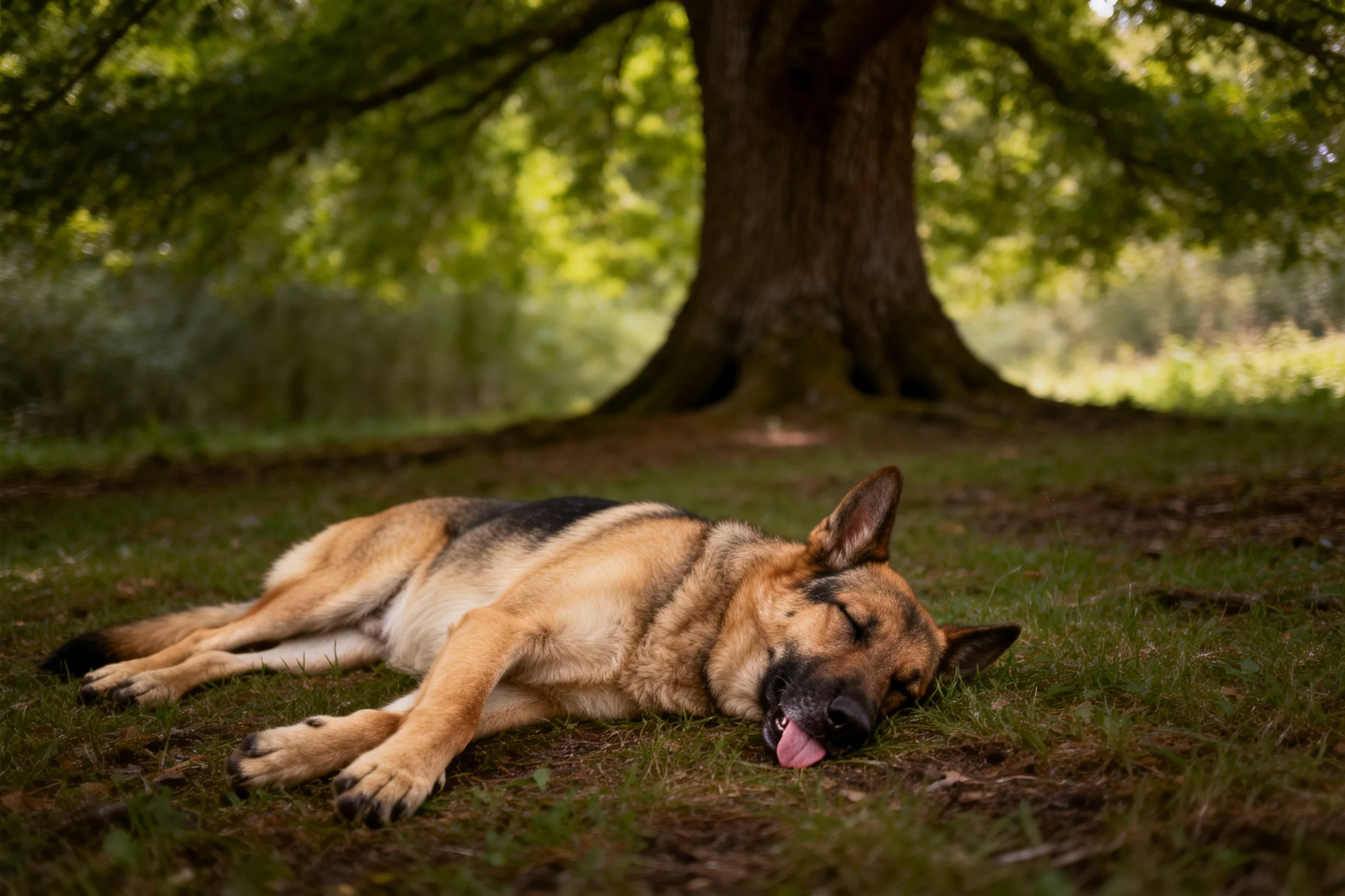 德国牧羊犬侧卧在林间草地上,粉红色舌头伸出,浅棕与黑色相间的毛发清晰可见。